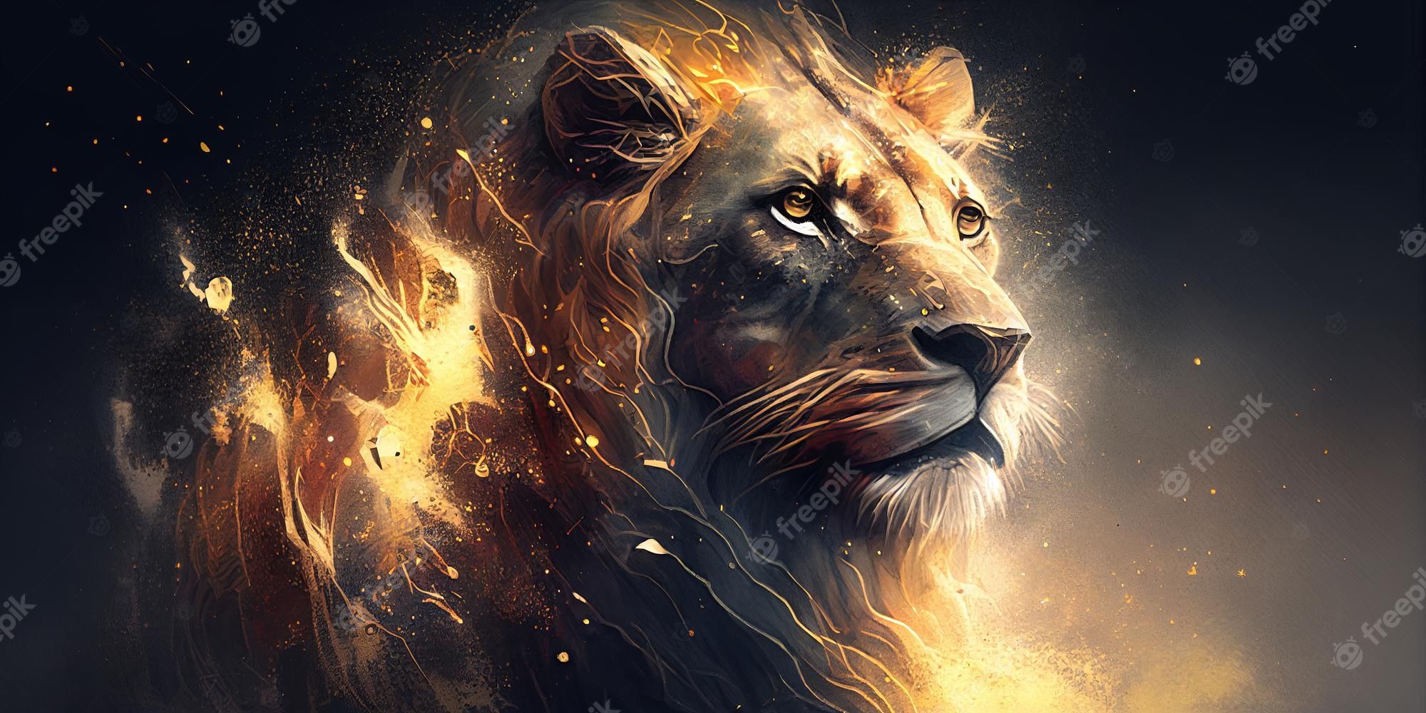  Löwen Hintergrundbild 2000x1000. Zeichnen eines löwen in gold auf schwarzem hintergrund porträt nahaufnahme generative ki