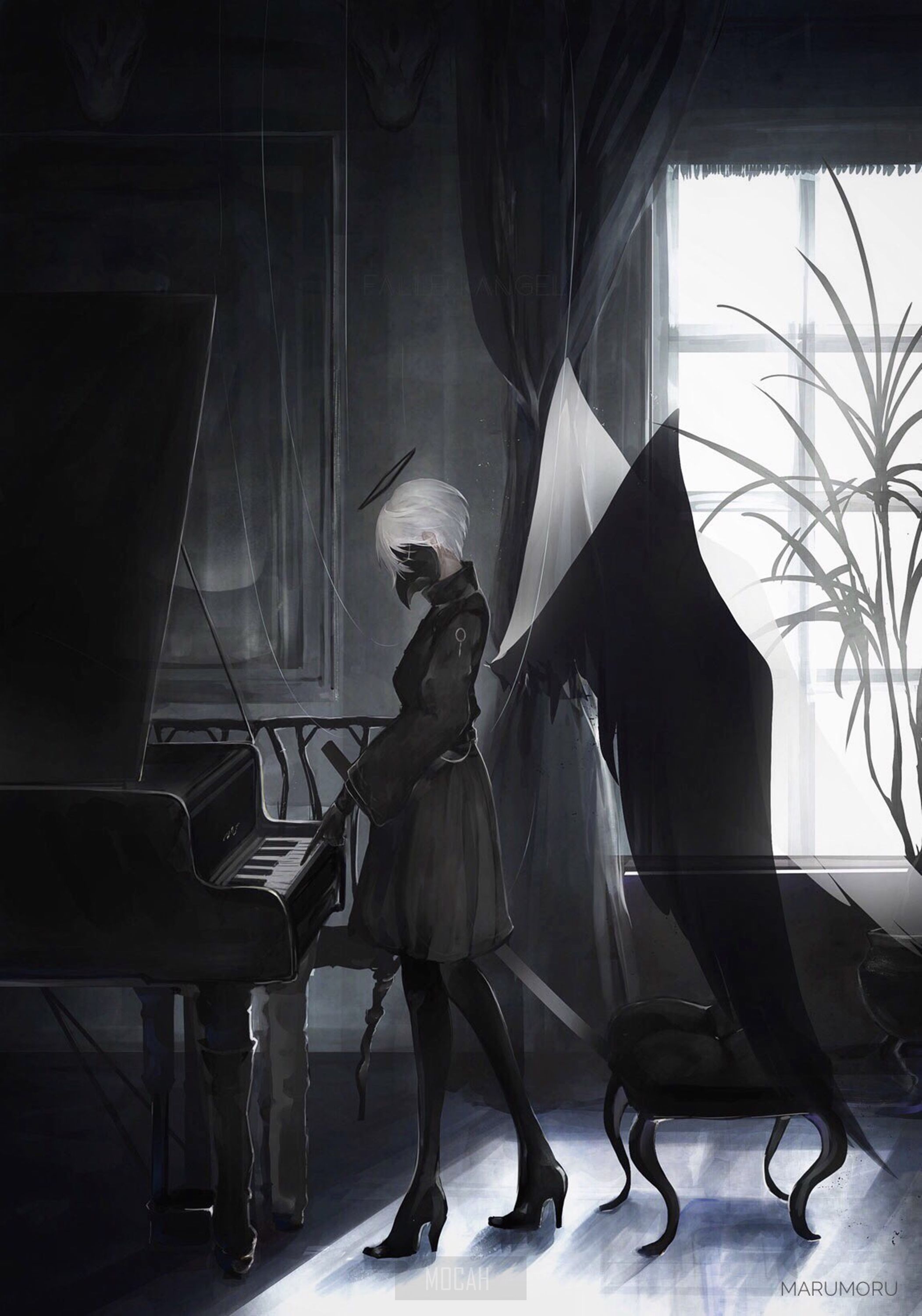  Klavier Anime Hintergrundbild 2103x3000. anime girl, anime, original character, marumoru, dark, piano, musical instrument, black and white screensaver hd, 2103x3000 Gallery HD Wallpaper