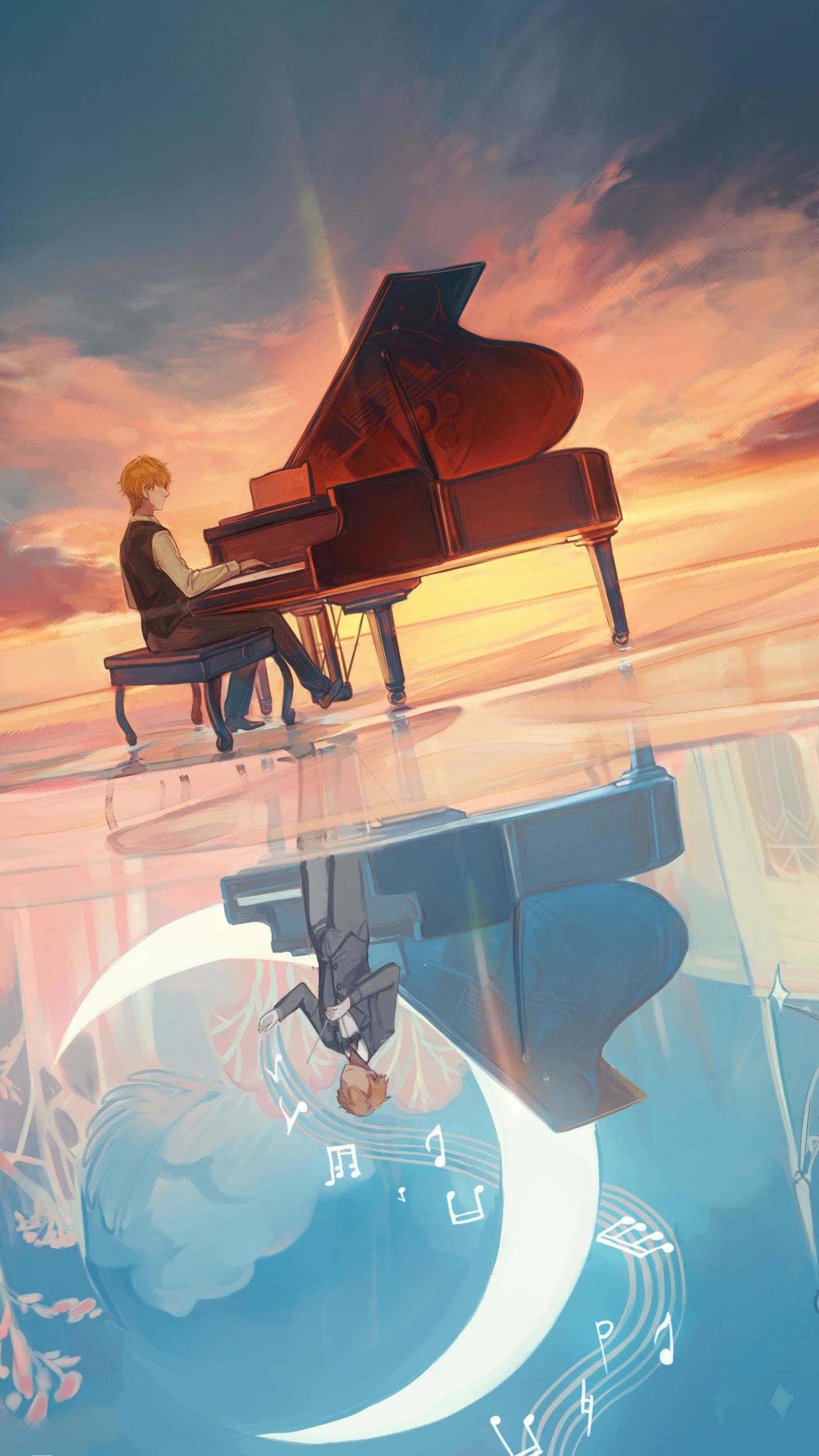  Klavier Anime Hintergrundbild 1440x2560. Mobile wallpaper: Music, Anime, Sunset, Moon, Piano, Blonde, Short Hair, 1338995 download the picture for free