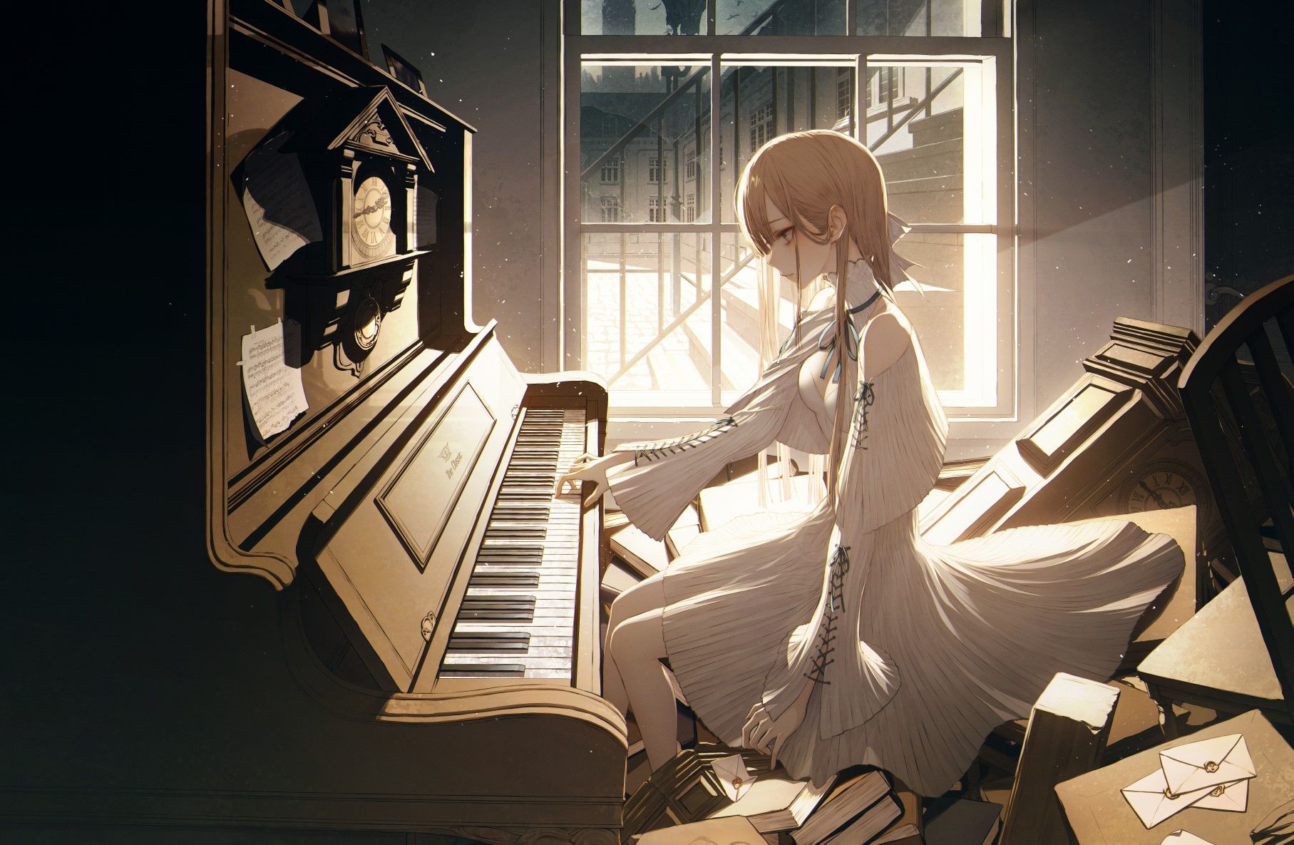  Klavier Anime Hintergrundbild 1815x1185. books, original characters, piano, blonde, blond hair, wanke, anime, long hair, anime girls Gallery HD Wallpaper