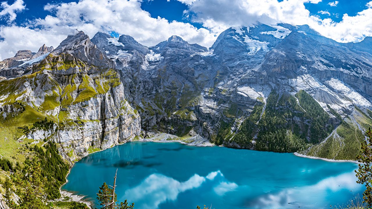  Schweiz Hintergrundbild 1280x720. Desktop Hintergrundbilder Alpen Schweiz Oeschinensee Berg Natur See