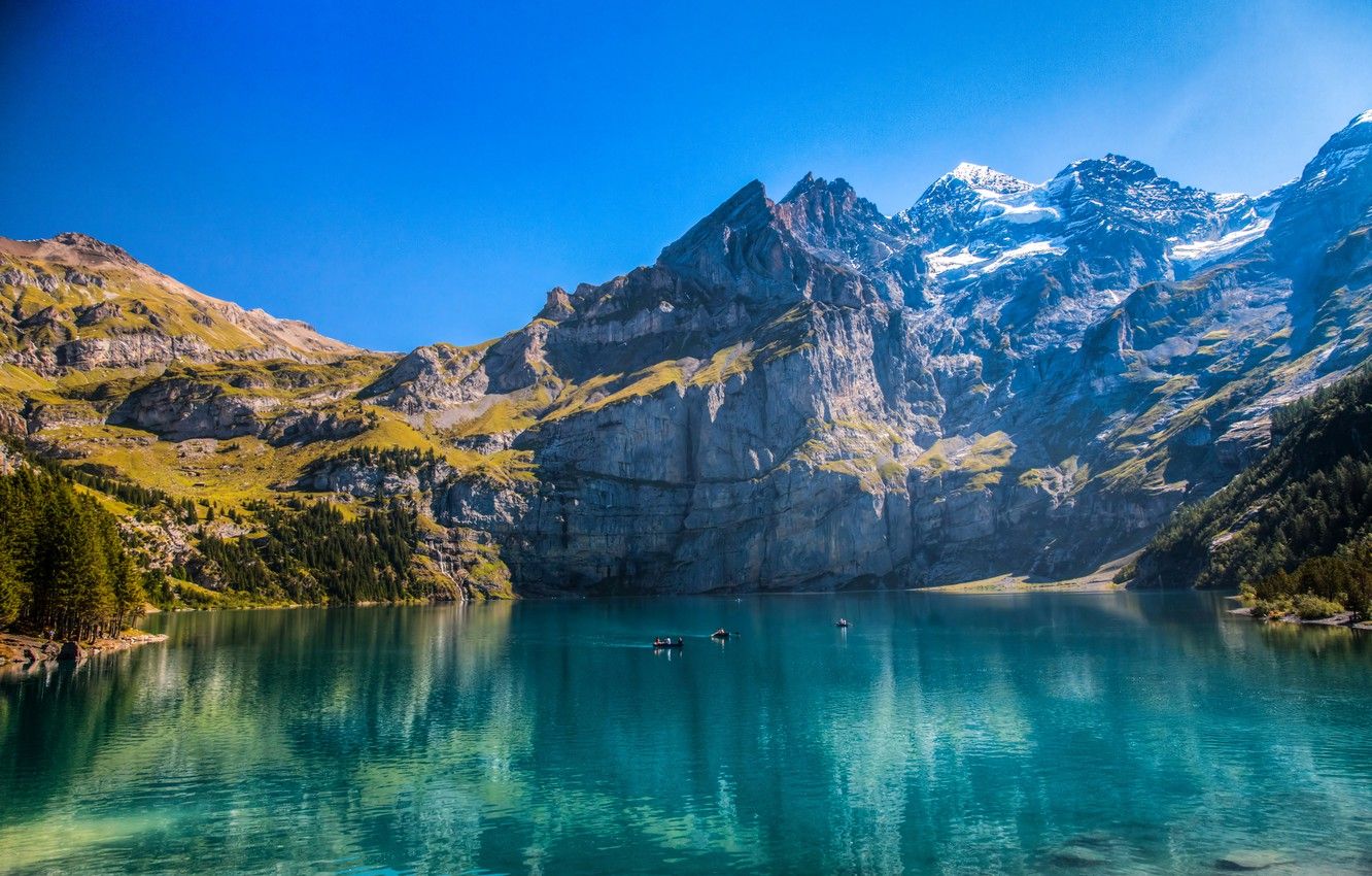  Schweiz Hintergrundbild 1332x850. Wallpaper the sky, trees, mountains, lake, rocks, blue, boats, Switzerland, Sunny, Kandersteg, Lake Oeschinen image for desktop, section пейзажи