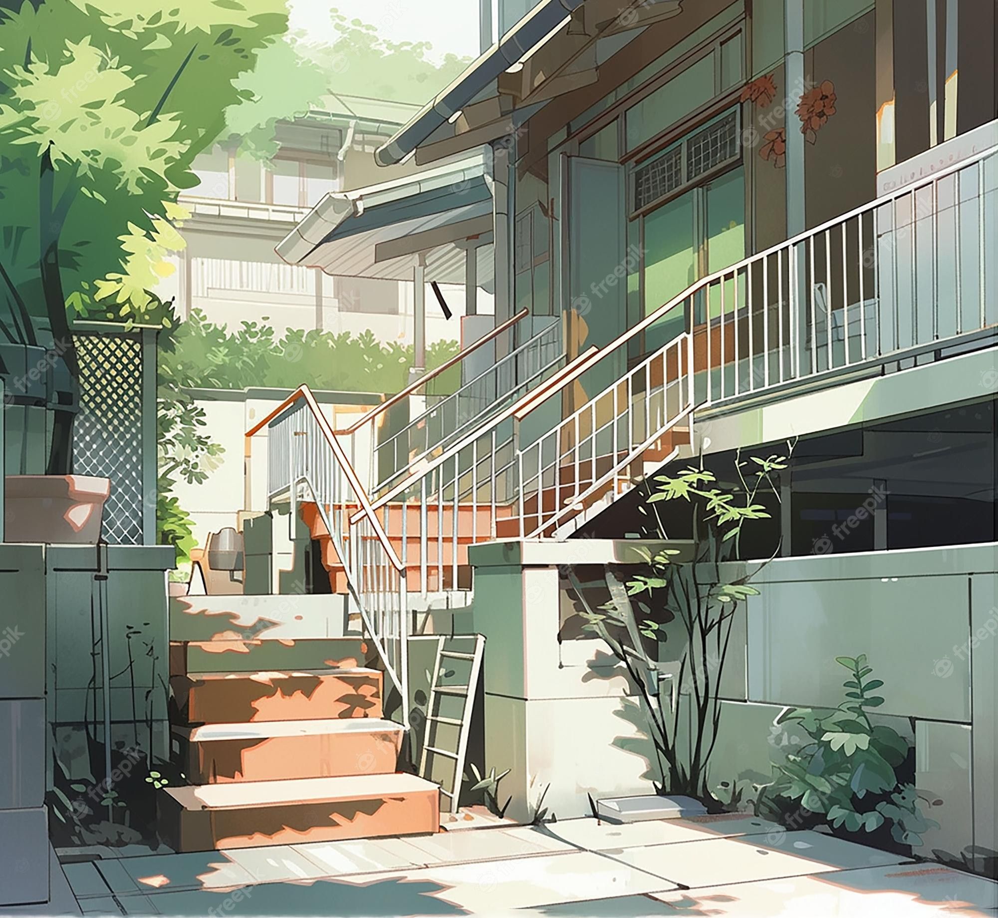  Haus Hintergrundbild 2000x1839. Modernes Haus Mit Treppen Und Pflanzen Im Vordergrund. Hintergrund Im Japanischen Manga Stil