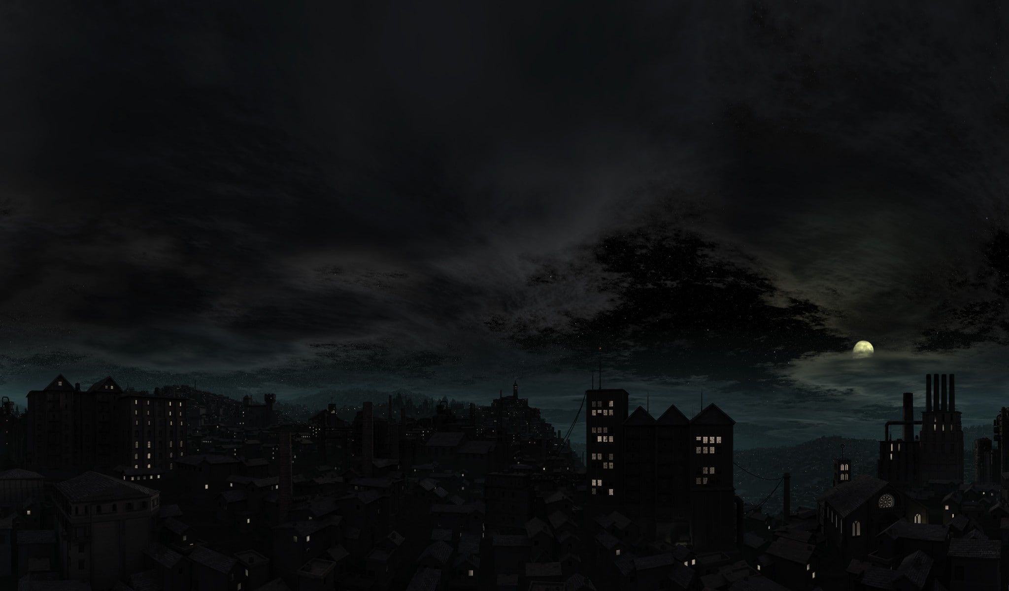  HD PC Hintergrundbild 2048x1200. HD wallpaper: dark, sky, night, cityscape, Moon, Thief, video games. Dark landscape, Aesthetic desktop wallpaper, Dark wallpaper