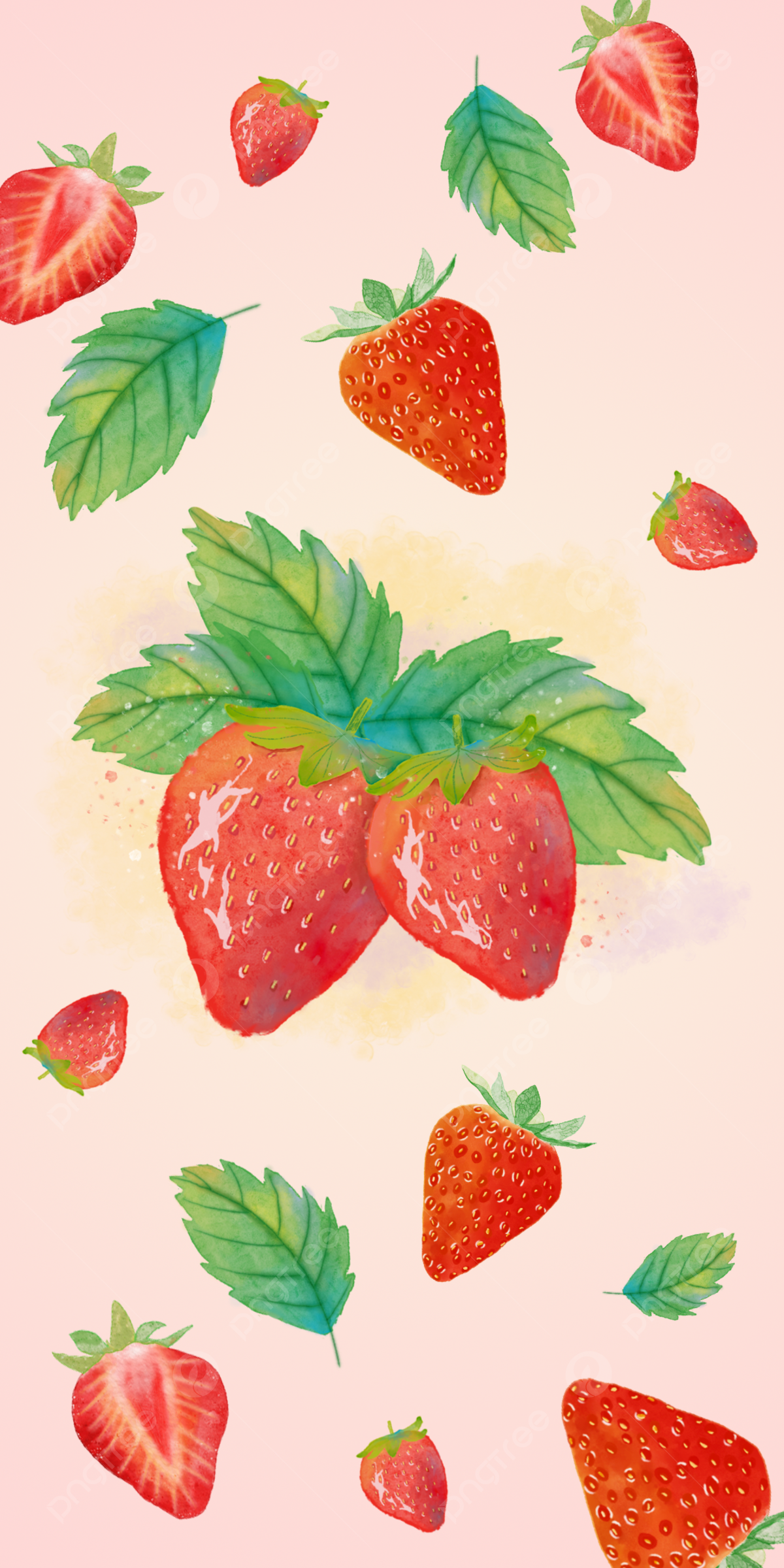 Erdbeeren Hintergrundbild 1200x2400. Obsttapete Aquarellgrün Verlässt Erdbeerhintergrund Hintergrundbild zum kostenlosen Download