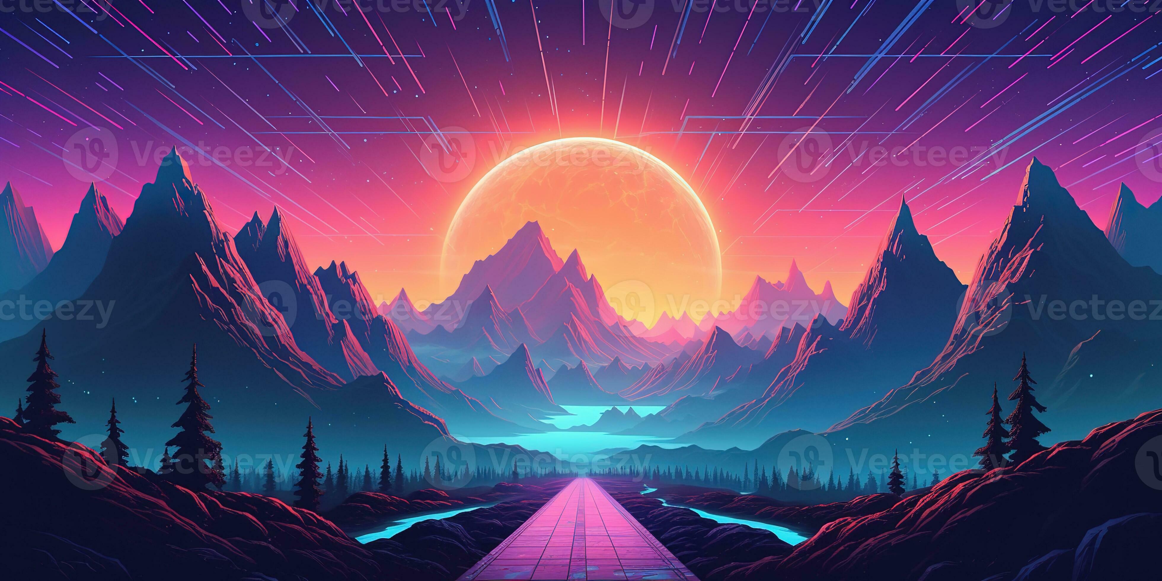  Neon Coole Hintergrundbild 3920x1960. Aesthetic mountain synthwave retrowave wallpaper with a cool and vibrant neon design, AI Generated