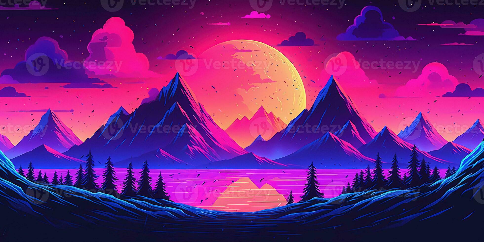  Neon Coole Hintergrundbild 1960x980. Aesthetic mountain synthwave retrowave wallpaper with a cool and vibrant neon design, AI Generated