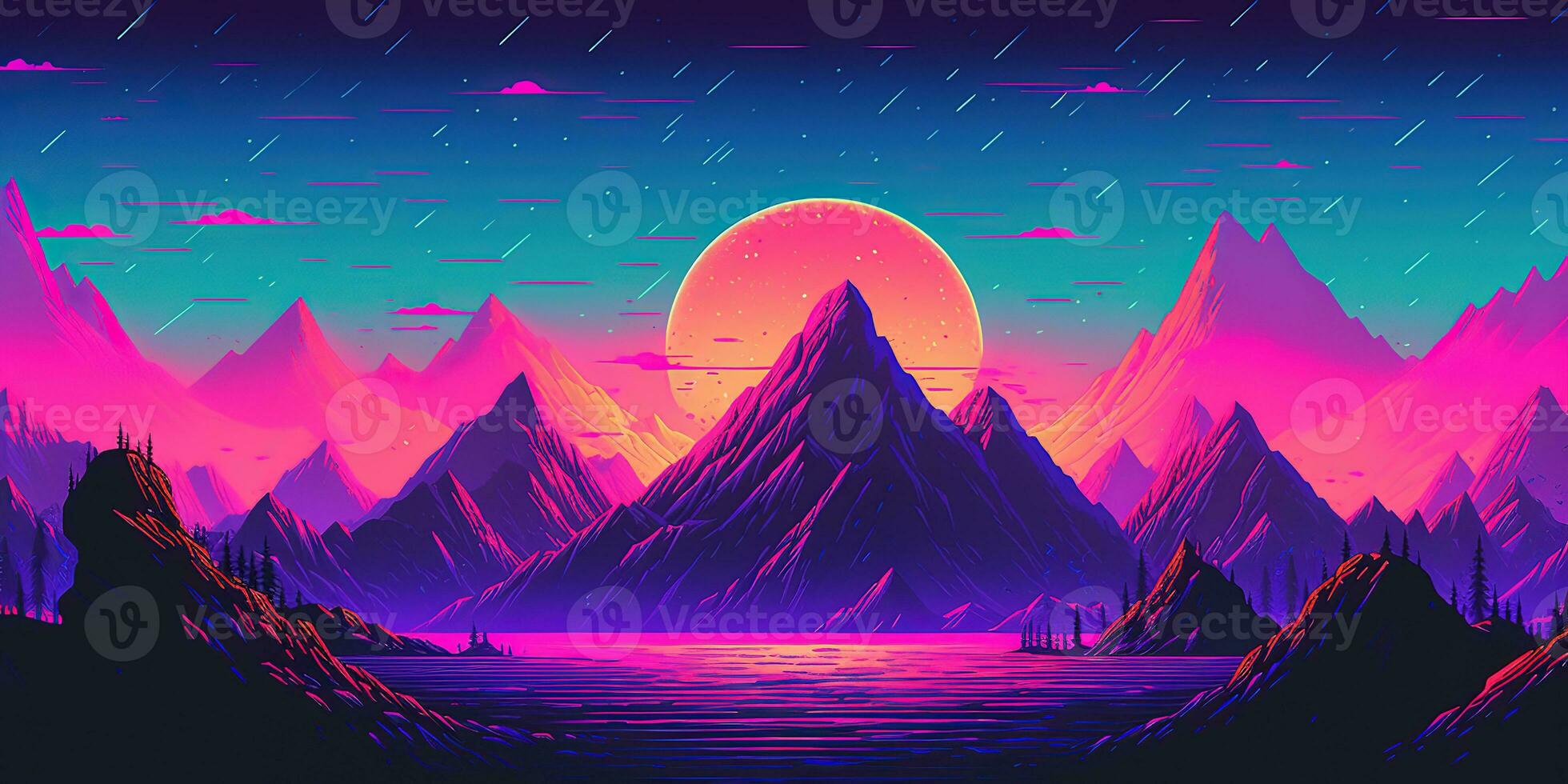  Neon Coole Hintergrundbild 1960x980. Aesthetic mountain synthwave retrowave wallpaper with a cool and vibrant neon design, AI Generated