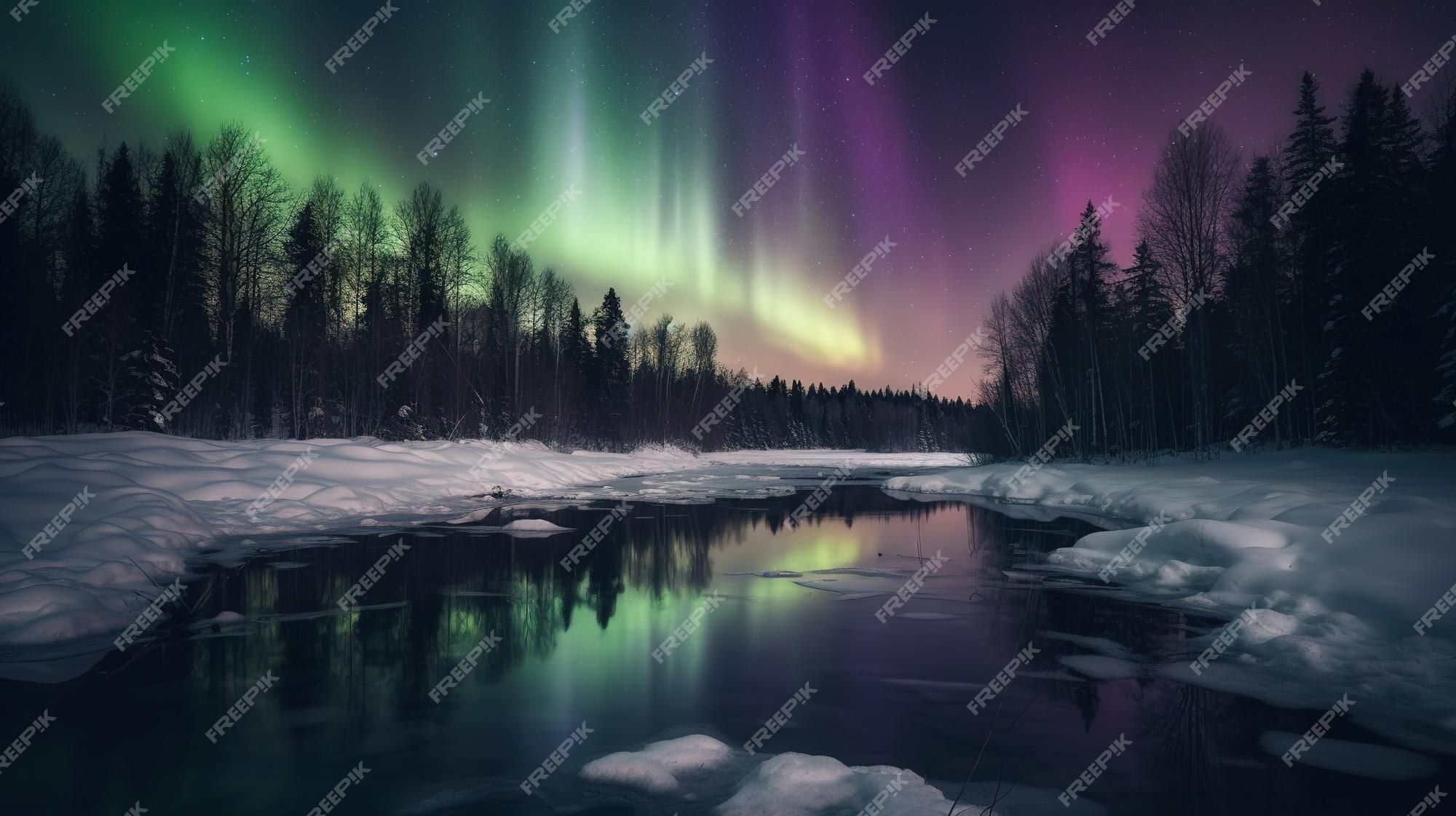  Polarlicht Hintergrundbild 2000x1121. Das nordlicht leuchtet am himmel über einem fluss