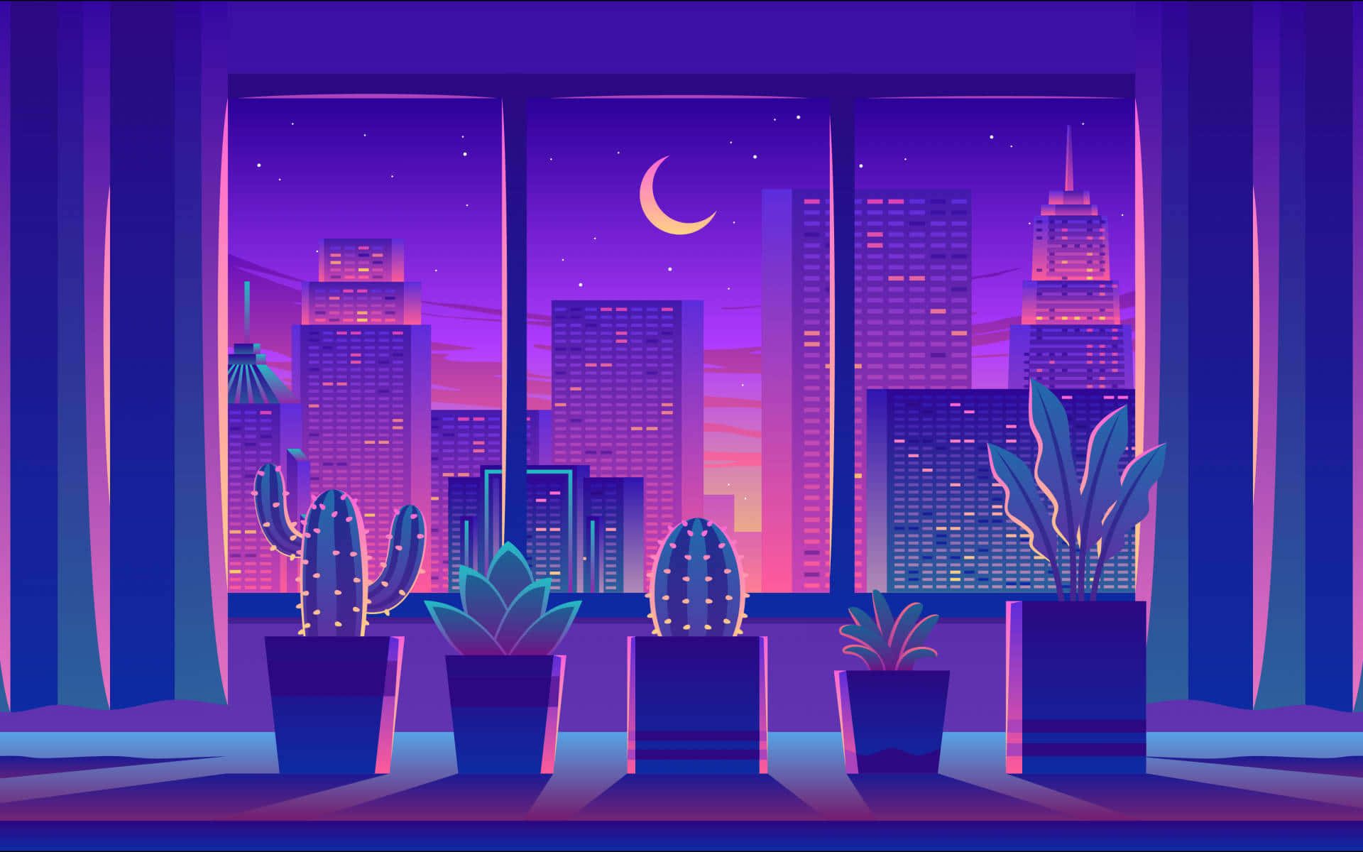  Neon PC Hintergrundbild 1920x1200. Download A Night Scene With Cactus And Cityscape Wallpaper
