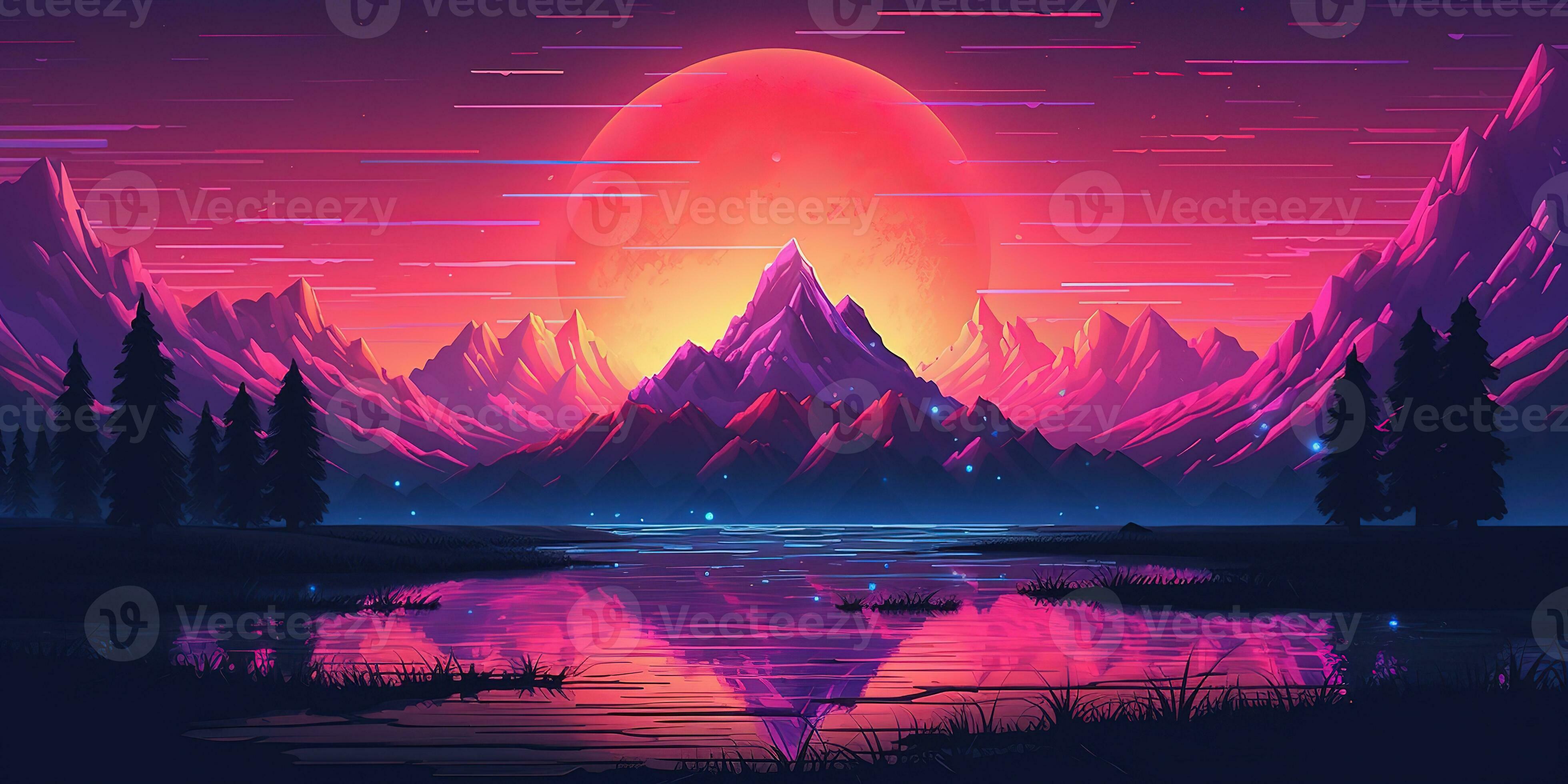  Neon PC Hintergrundbild 3920x1960. Aesthetic mountain synthwave retrowave wallpaper with a cool and vibrant neon design, AI Generated