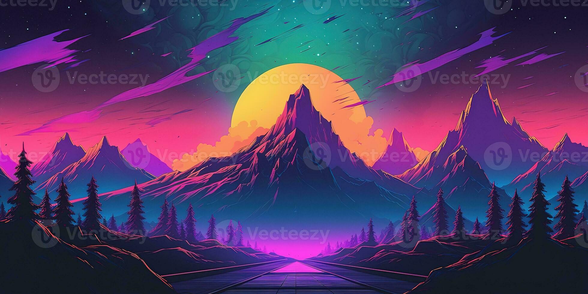  Neon PC Hintergrundbild 1960x980. Aesthetic mountain synthwave retrowave wallpaper with a cool and vibrant neon design, AI Generated