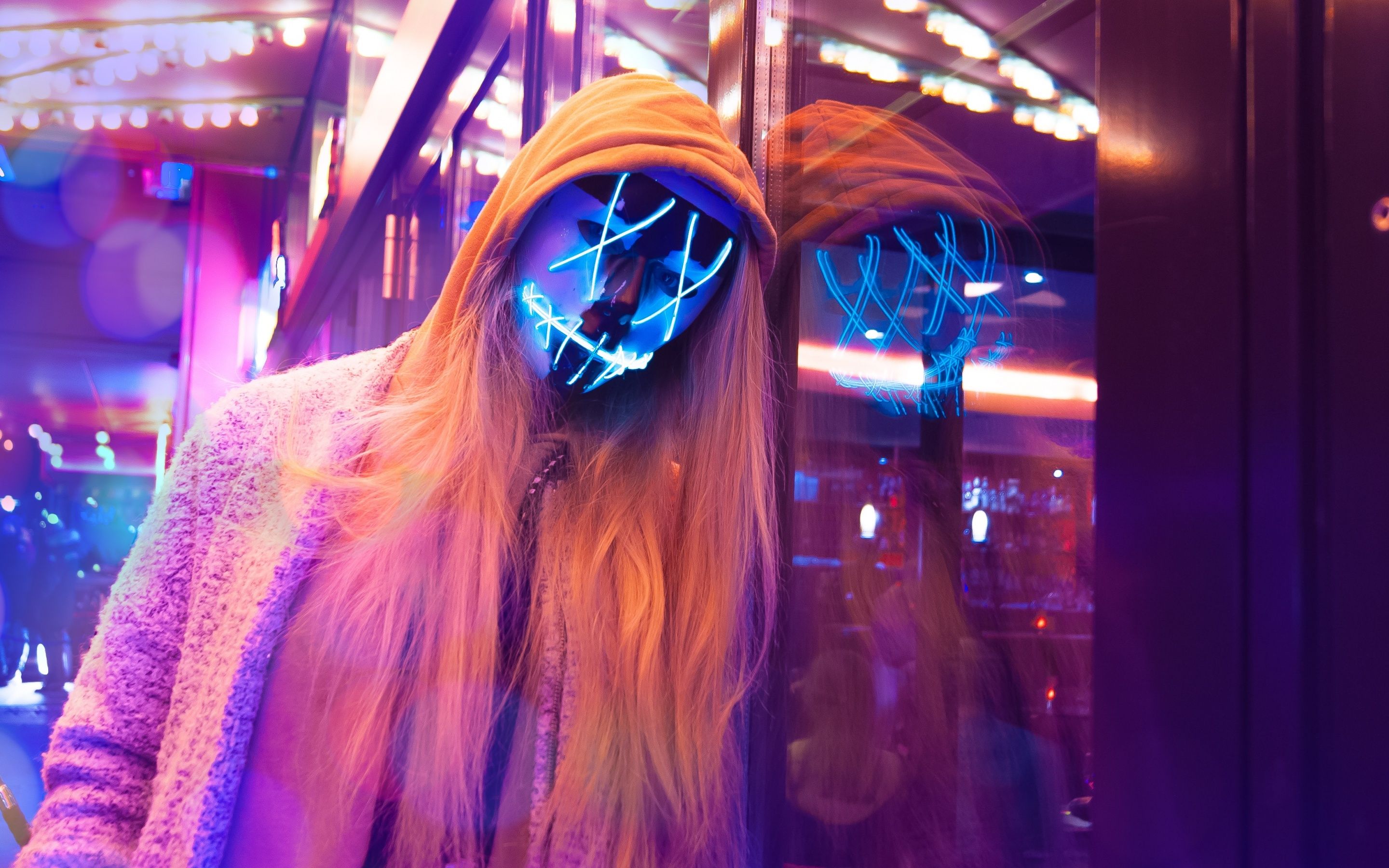  Led Hintergrundbild 2880x1800. LED mask Wallpaper 4K, Neon, Pink, Anonymous, Woman