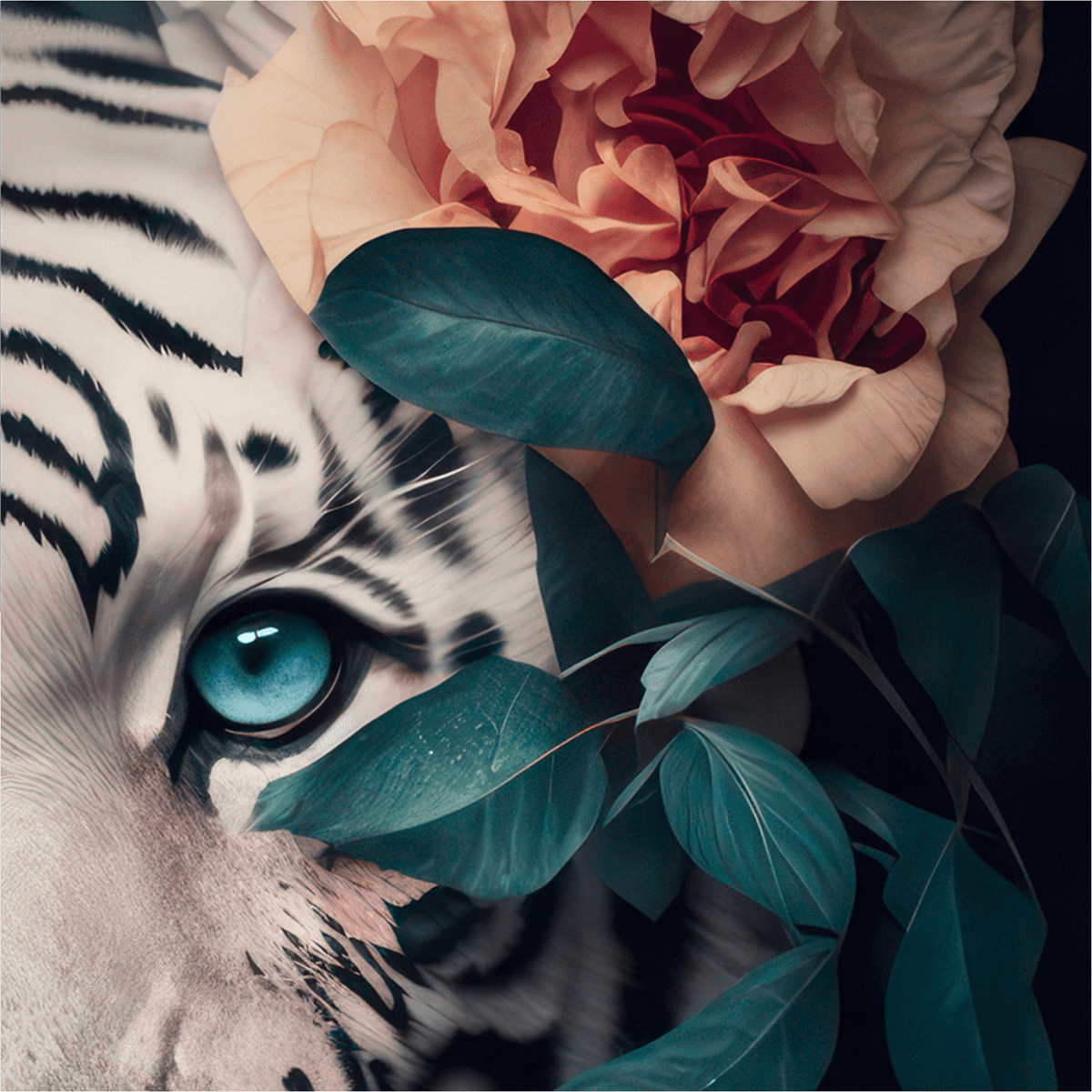  Weißer Tiger Hintergrundbild 1200x1200. Spannbild von wandbild.comßer Tiger mit blauen Augen zwischen Blumen