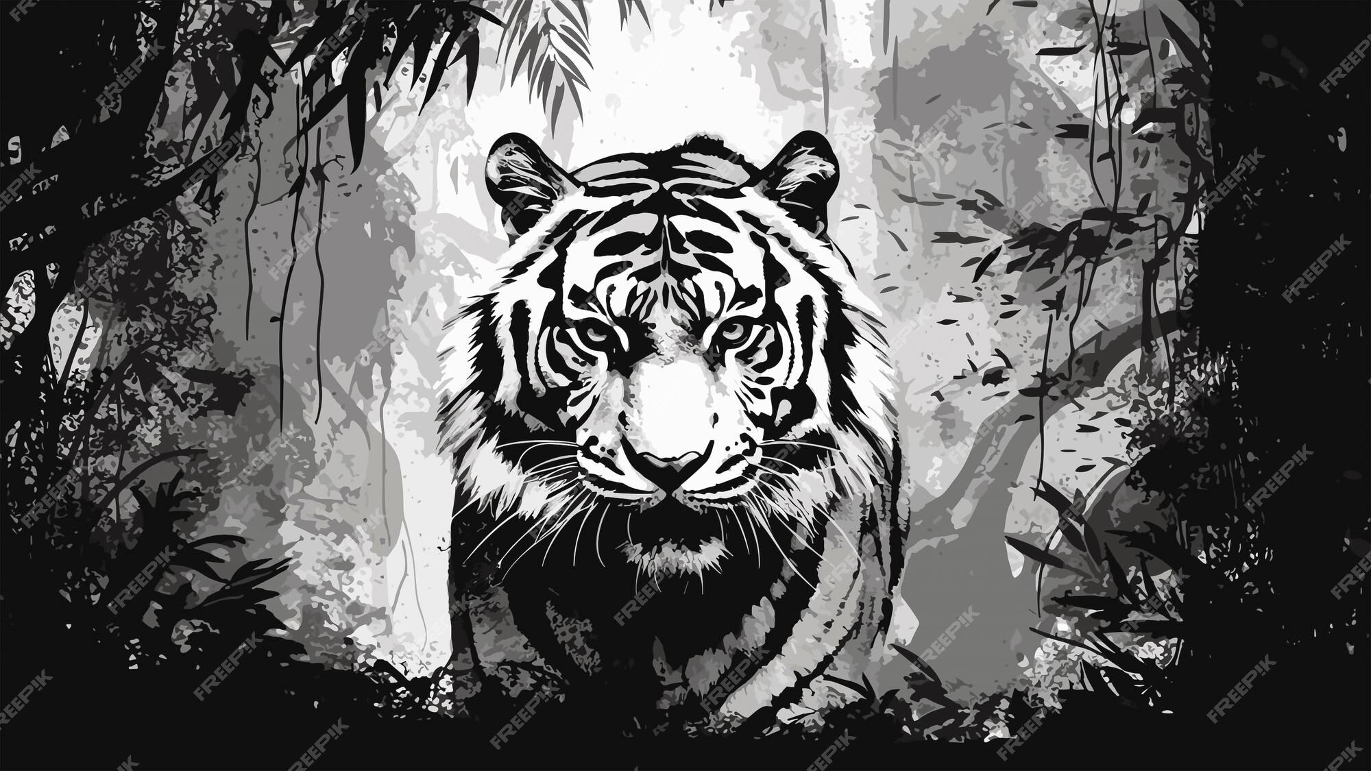  Weißer Tiger Hintergrundbild 2000x1125. Tiger Im Dschungel Schwarz Weiß Illustration