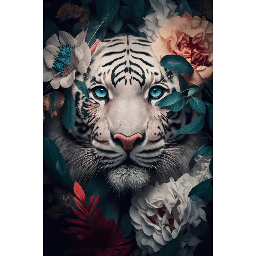  Weißer Tiger Hintergrundbild 1000x1000. Bild Edelstahloptik von wandbild.comßer Tiger mit blauen Augen zwischen Blumen