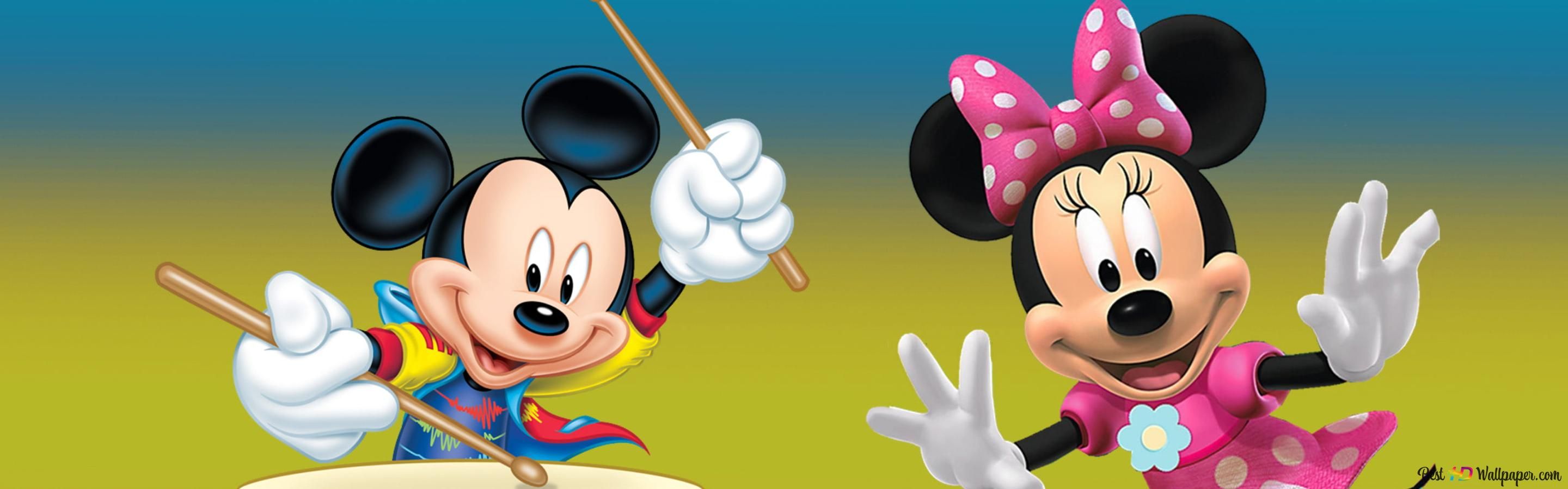  Minnie Mouse Hintergrundbild 2880x900. Micky Maus und Minnie Maus mit Trommel 2K Hintergrundbild herunterladen
