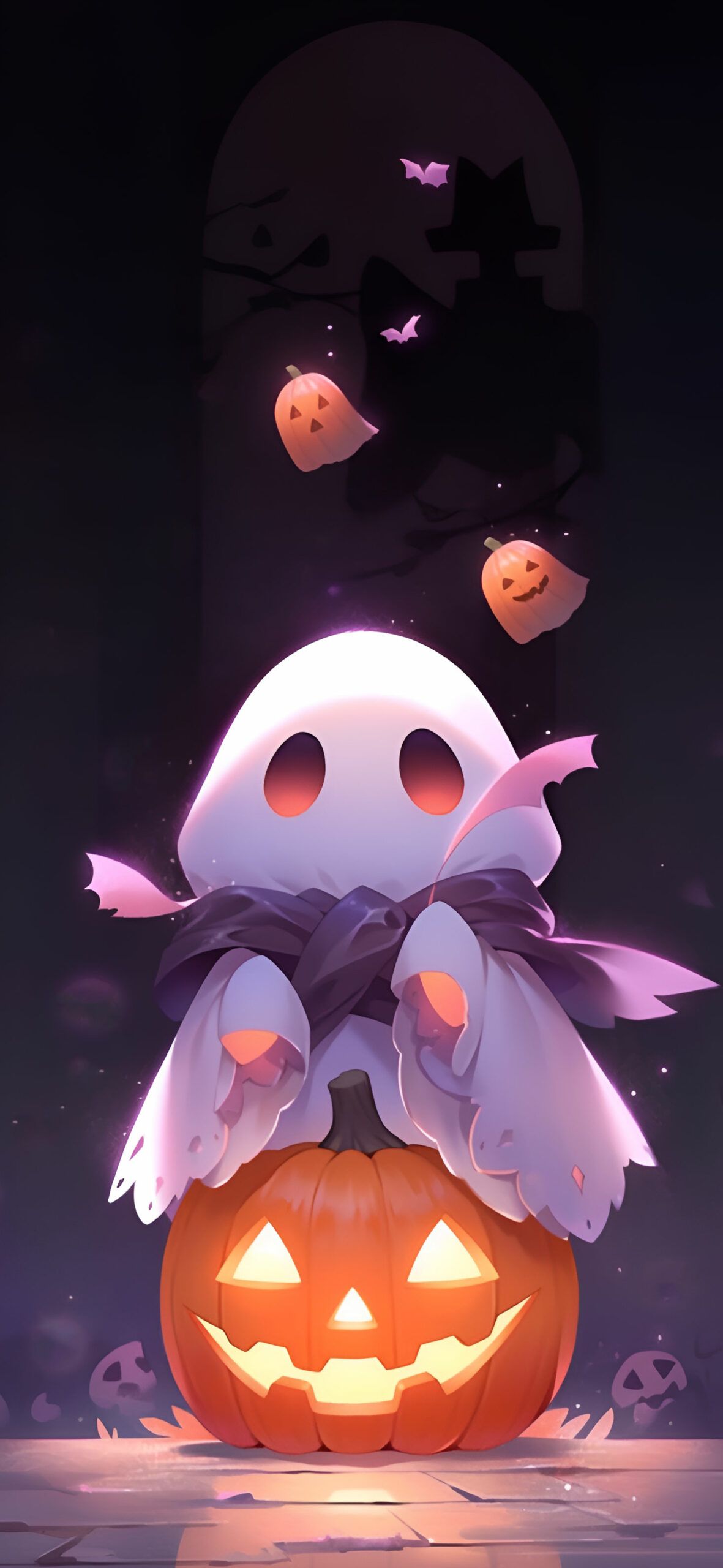  Halloween Hintergrundbild 1181x2560. Halloween Cute Ghost & Pumpkin Wallpaper