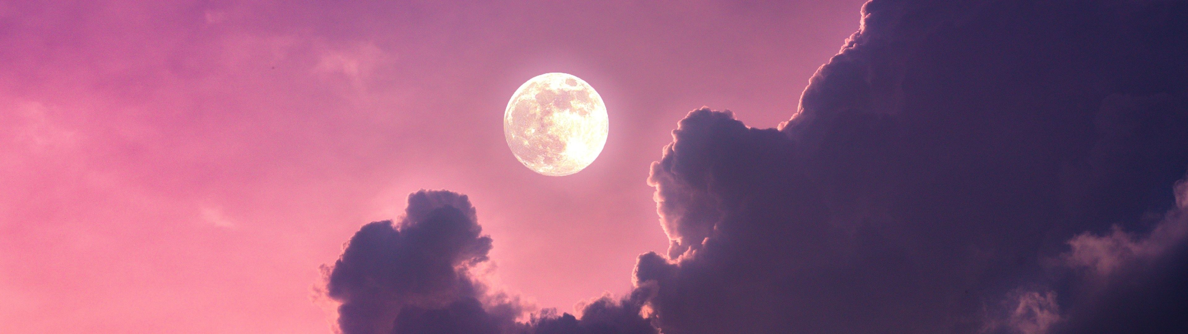  3840x1080 Hintergrundbild 3840x1080. Full moon Wallpaper 4K, Aesthetic, Clouds, Pink sky