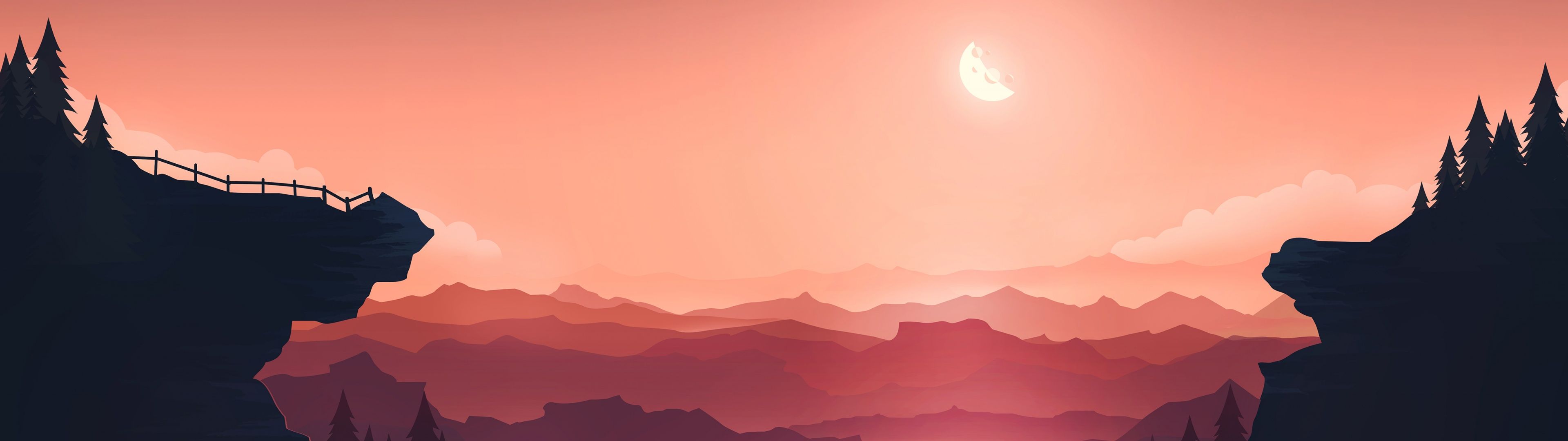  3840x1080 Hintergrundbild 3840x1080. Sunset Wallpaper 4K, Moon, River, Mountains