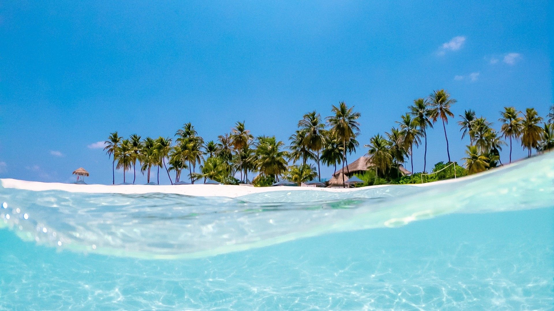  Karibik Hintergrundbild 1920x1080. Meer, Palmen, Sonne, Strand, Welle, Wasser, Blau. Bild, Foto, Desktop Hintergrund