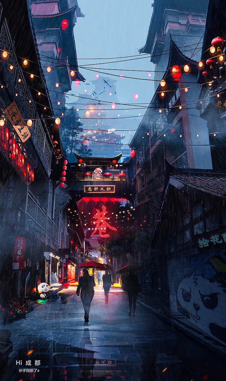  China Hintergrundbild 728x1225. HD wallpaper: cyberpunk, Chinese architecture, panda, lantern, chengdu, city
