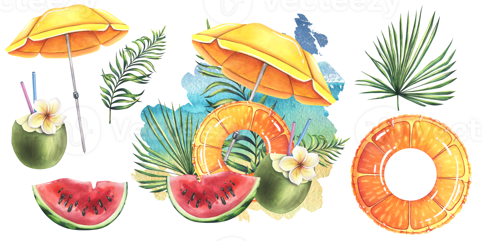  Cocktail Strand Hintergrundbild 1920x960. Strand Regenschirm Gelb mit Orange drucken aufblasbar Ring, Cocktail im Kokosnuss, Wassermelone und tropisch Blätter. Aquarell Illustration, Hand gezeichnet. einstellen von isoliert Objekte 26539847 PNG