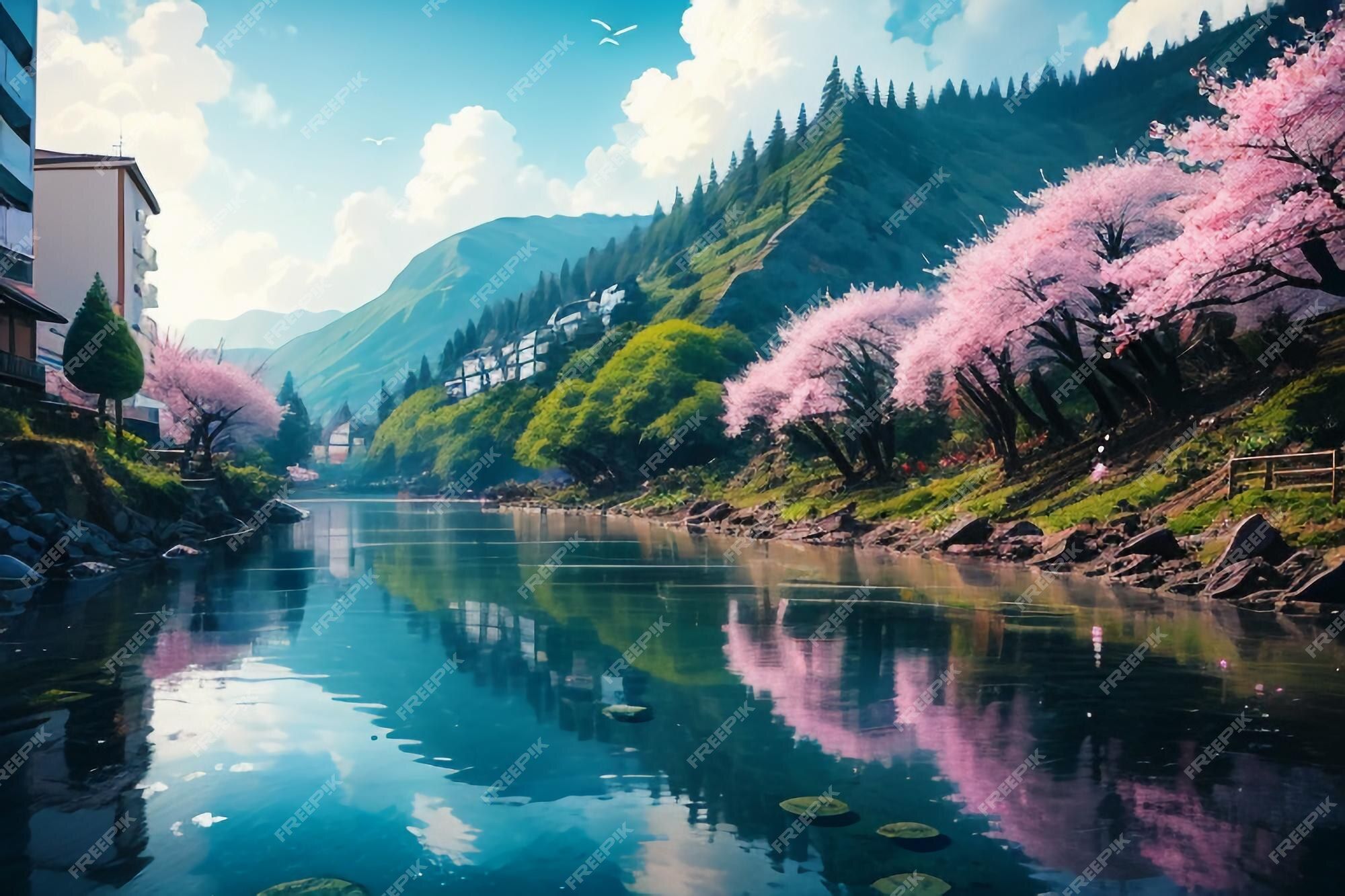  Landschaften Hintergrundbild 2000x1333. Cartoon Anime Stil Dorf Fluss Berg Baum Natur Landschaft Tapete Illustration Hintergrund