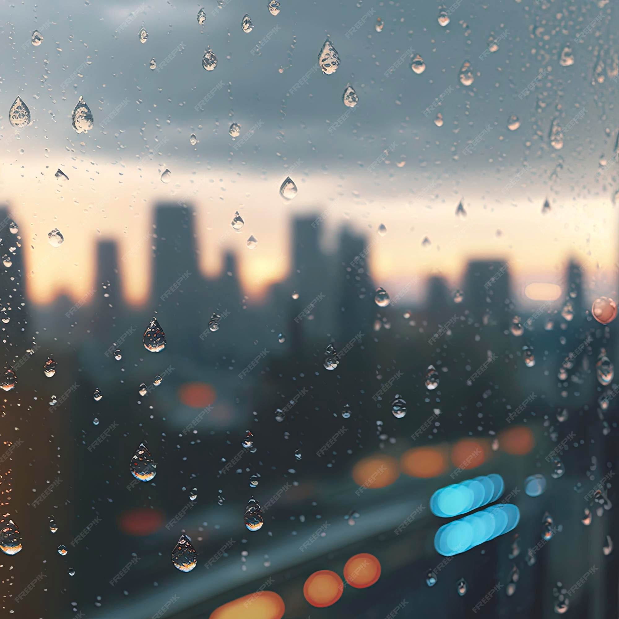  Regen Hintergrundbild 2000x2000. Fotografie von regentropfen auf dem fensterglas im fokus mit verschwommener skyline der stadt im hintergrund
