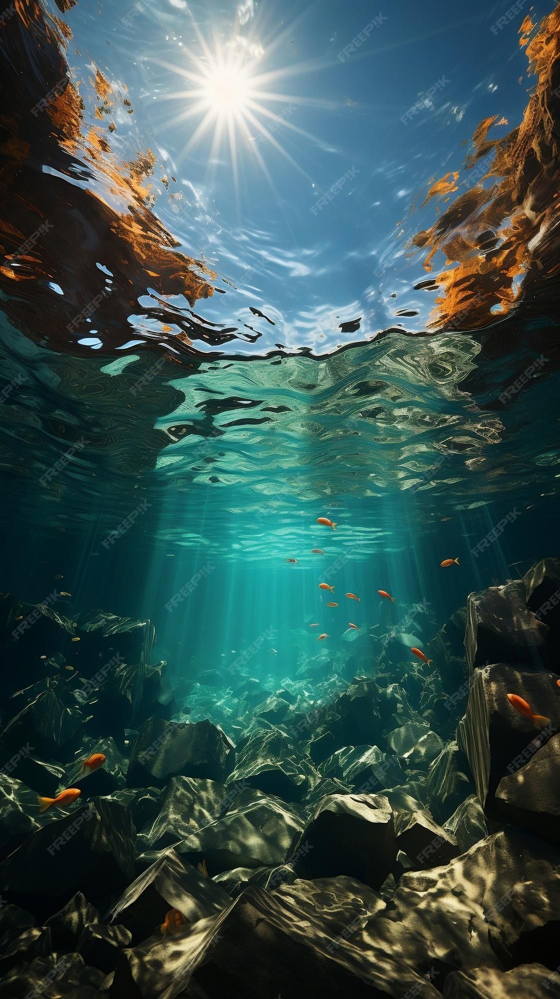  Meer Unterwasserwelt Hintergrundbild 1121x2000. Unterwasserwelt mit fischen und sonnenstrahlen und müll wie plastikflaschen