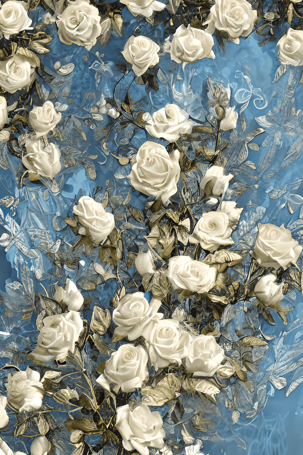  Weiße Rosen Hintergrundbild 1024x1536. Atemberaubende 8K Digitalmalerei eines realistischen Zweigs voller weißer Rosen, Metallschmetterlinge, Perlen, Goldstaub und leuchtenden vergoldeten Gravuren · Creative Fabrica