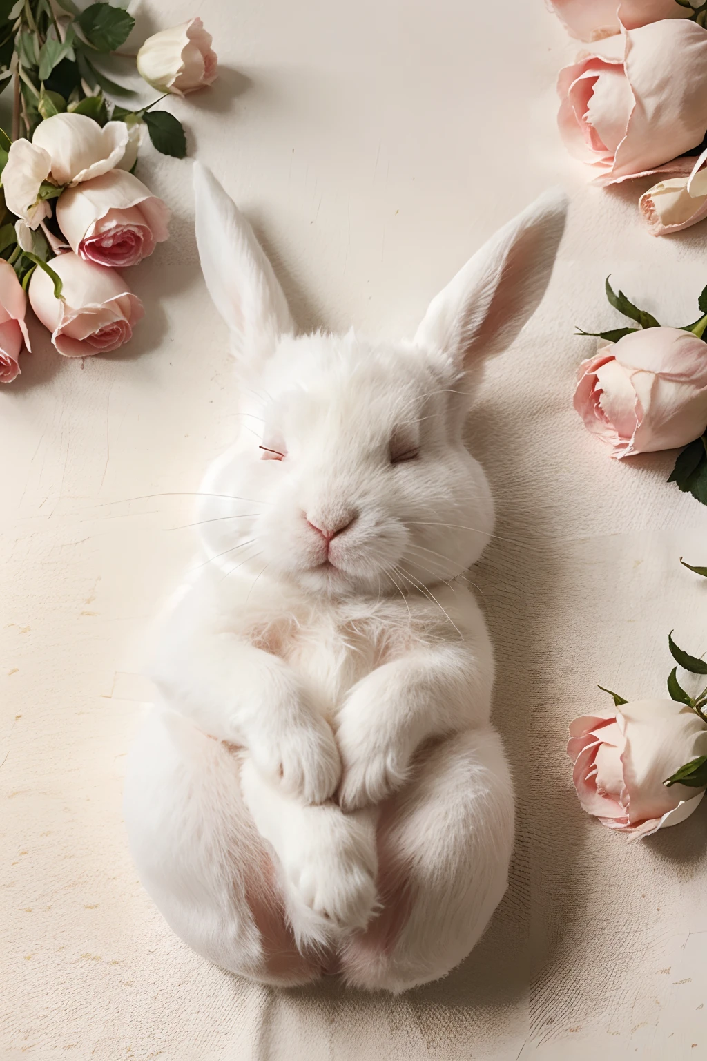  Kaninchen Hintergrundbild 1024x1536. süßes kleines weißes Kaninchen, das unter Rosen schläft