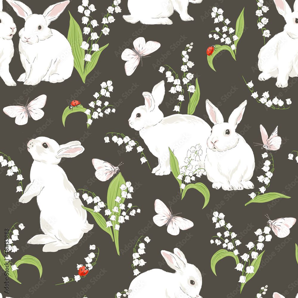  Kaninchen Hintergrundbild 1000x1000. Cute Bunny In Spring Bloomy Garden With Lilies Of The Valley Florals White Butterfly Ladybug Vector Seamless Pattern. Vintage Romantic Nature Hand Drawn Print. Cottage Core Aesthetic Background. Stock Vektorgrafik
