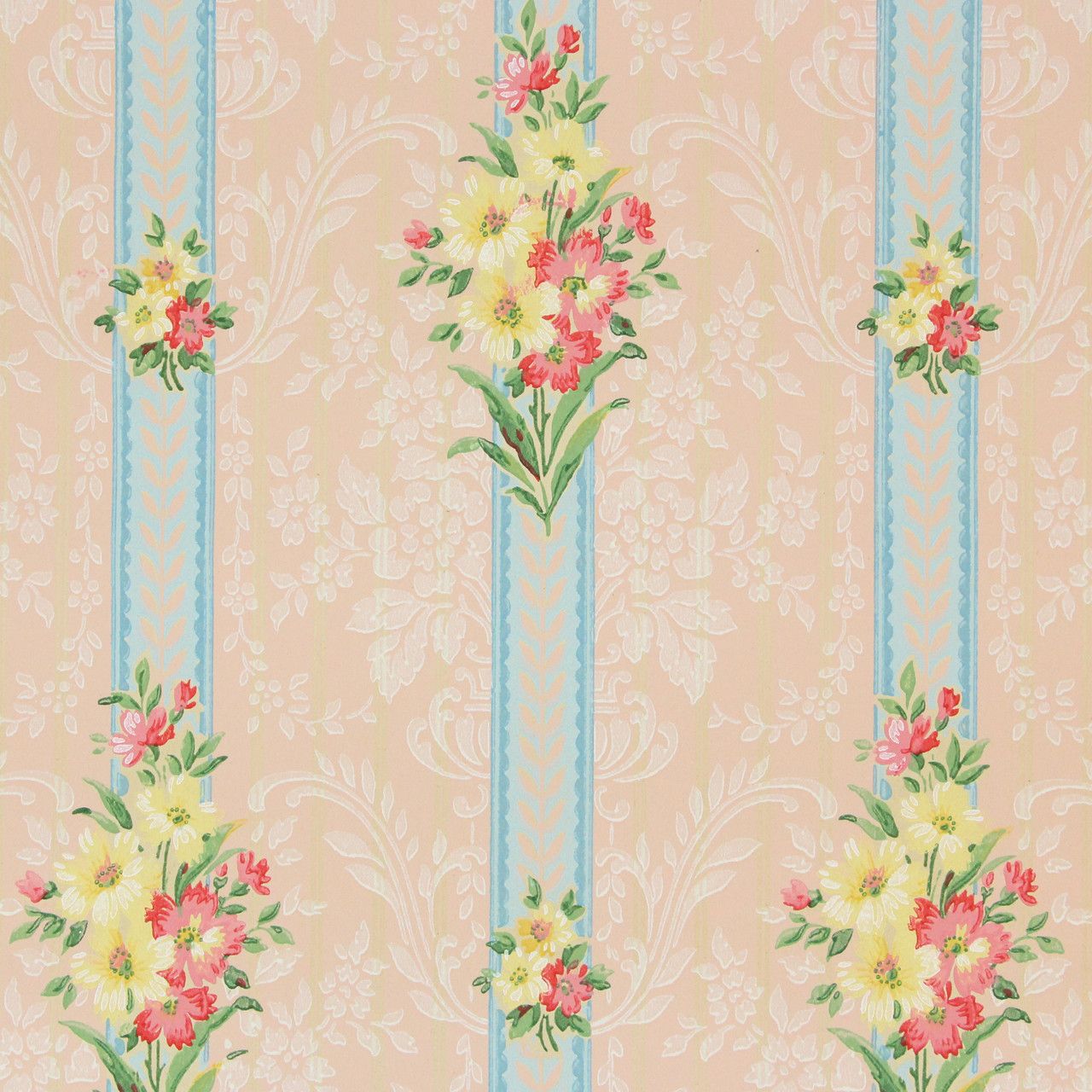  Vintage Hintergrundbild 1280x1280. 1930s Vintage Wallpaper Pink Yellow Flower Bouquets's Vintage Wallpaper