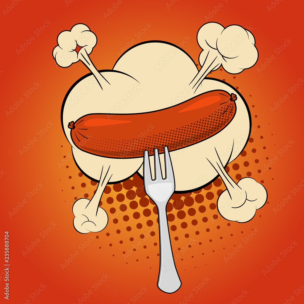  Bratwurst Hintergrundbild 1000x1000. Grilled Sausage On A Fork, Pop Art Retro Comic Style Red Background Stock Vektorgrafik