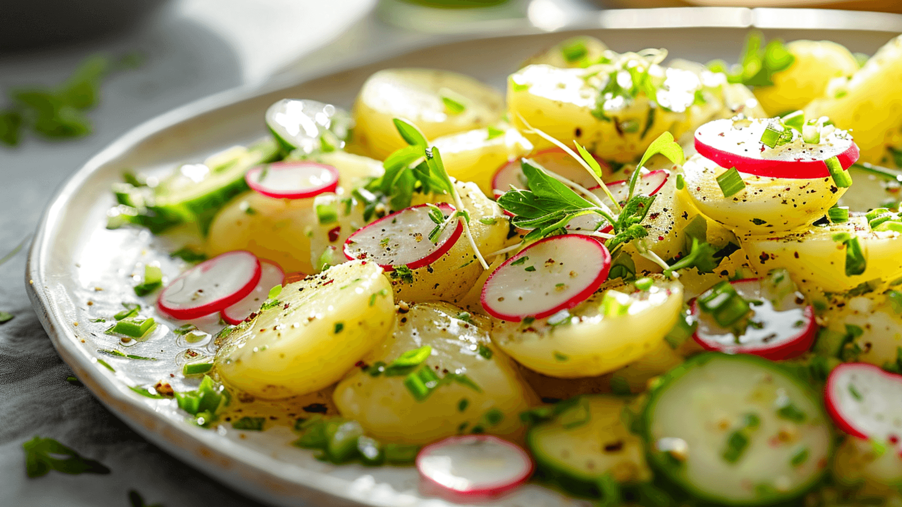  Kartoffelsalat Hintergrundbild 1800x1013. Veganer Kartoffelsalat mit Gurken & Radieschen