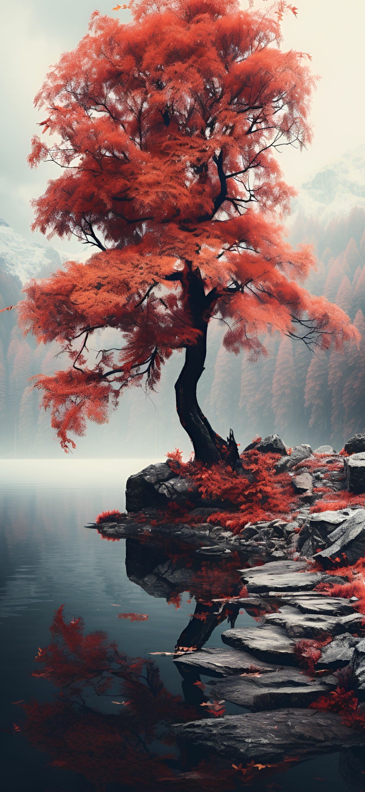  See Hintergrundbild 1181x2560. Autumn Tree Over the Lake Wallpaper Aesthetic Wallpaper