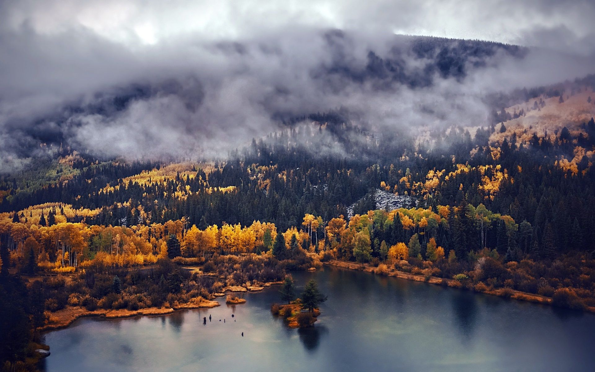  See Hintergrundbild 1920x1200. aerial view, water, nature, landscape, fall, lake, mist, hillsx1200 Wallpaper