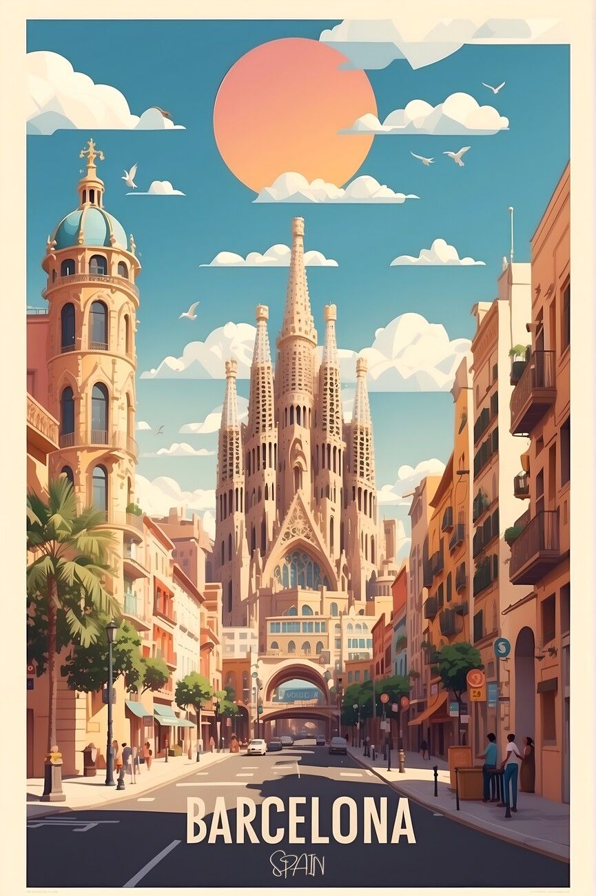  Barça Hintergrundbild 865x1300. Vintage Barcelona Travel Poster: Explore Spanish Beauty Post Wall Mural. Buy online at Abposters.com
