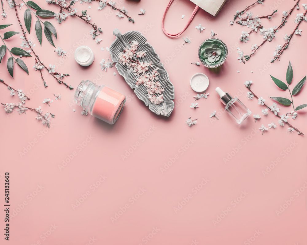  Pinke ästhetik Hintergrundbild 1000x798. Cosmetic And Skin Care Concept. Various Facial Anti Aging Products On Pastel Pink Background With Cherry Blossom And Leaves, Top View, Frame. Copy Space For Your Design. Beauty Blog Layout. Flat Lay Stock Foto