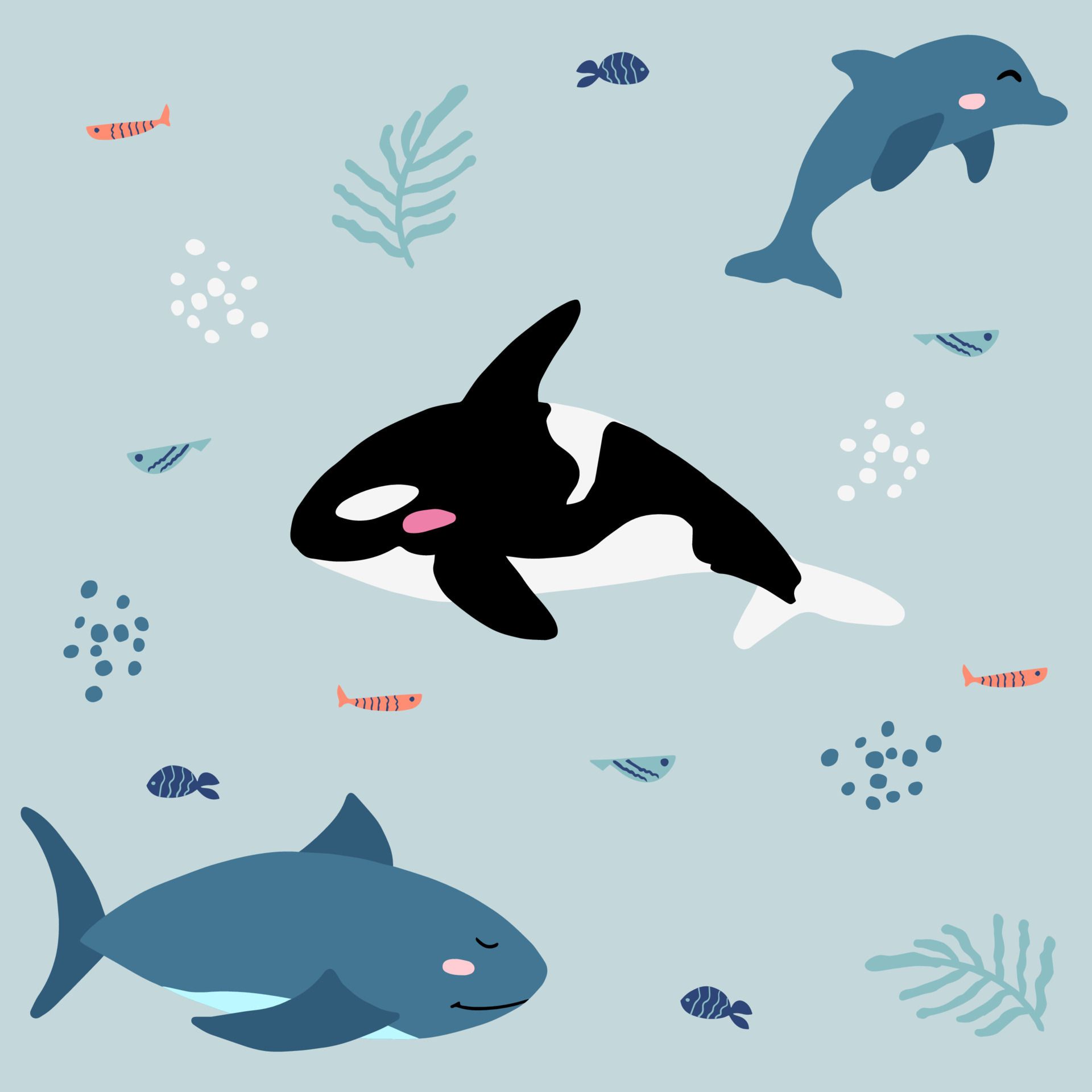  Süße Tiere Und Muster Hintergrundbild 1920x1920. süß Marine Hintergrund mit Orca, Delfine und Hai. Blau Muster Illustration von Ozean Tiere zum Kinder. Meer Thema Hintergrund zum Dekoration mit Fisch und Blasen. 22812352 Vektor Kunst bei Vecteezy