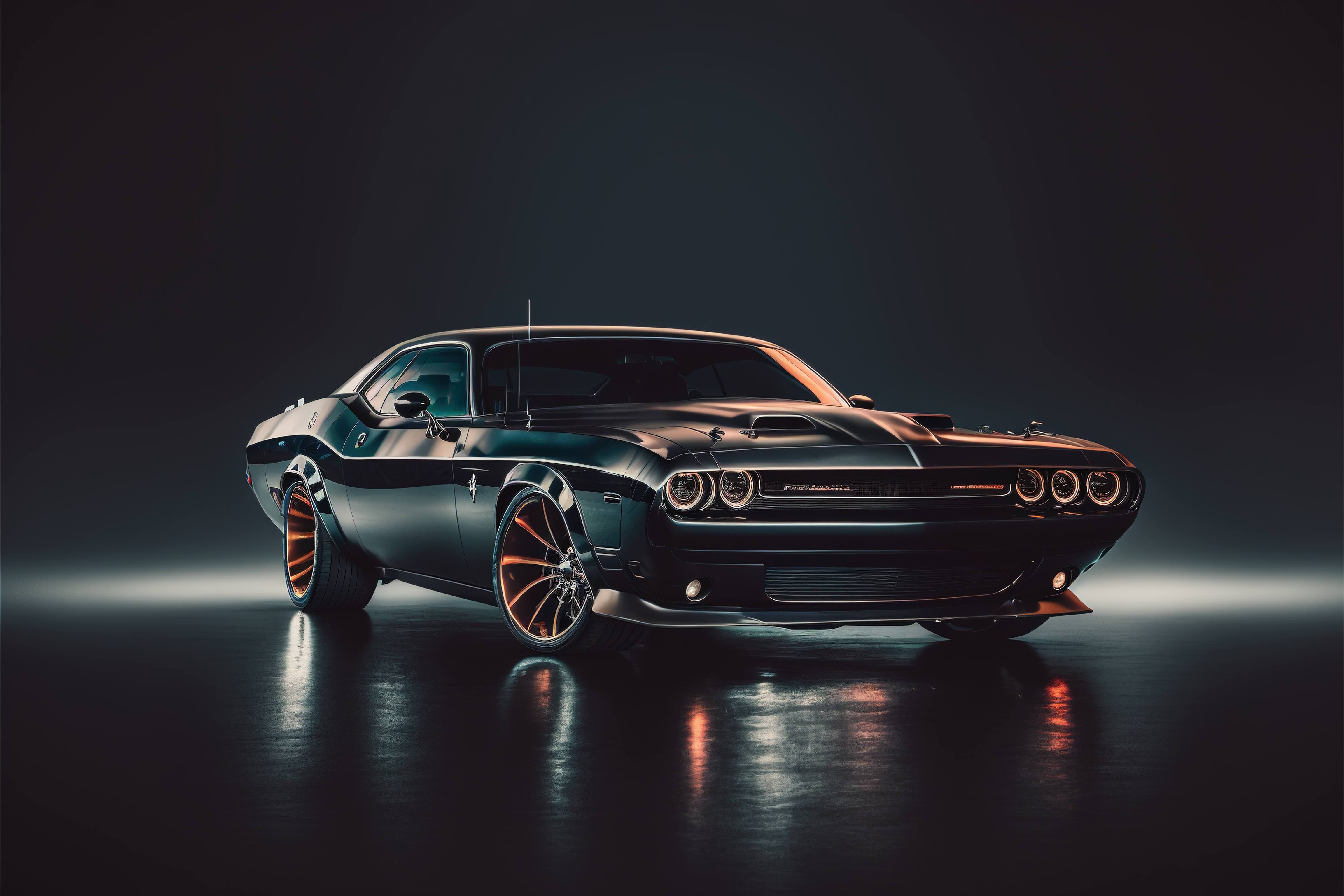  Dodge Challenger Hintergrundbild 4608x3072. A shiny black Dodge Challenger muscle car