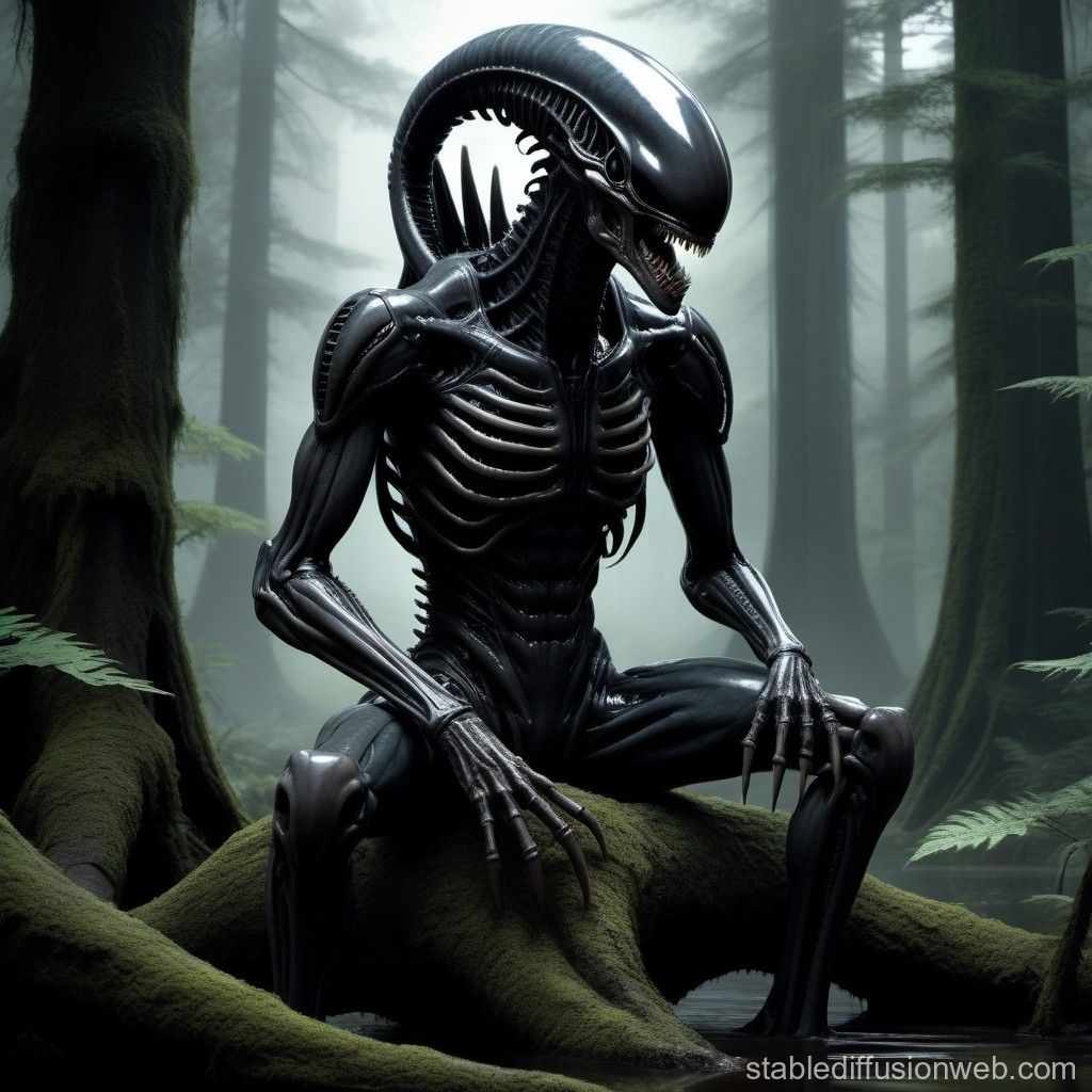  Dark Bionic Hintergrundbild 1024x1024. Bionic Armored Xenomorph in Dark Swamp. Stable Diffusion Online