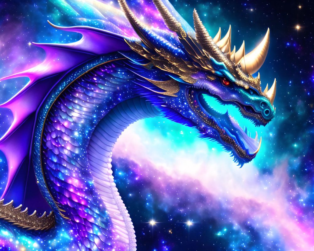  Galaxi Drache Hintergrundbild 1000x800. Majestic blue dragon with golden horns in cosmic scene. Deep Dream Generator