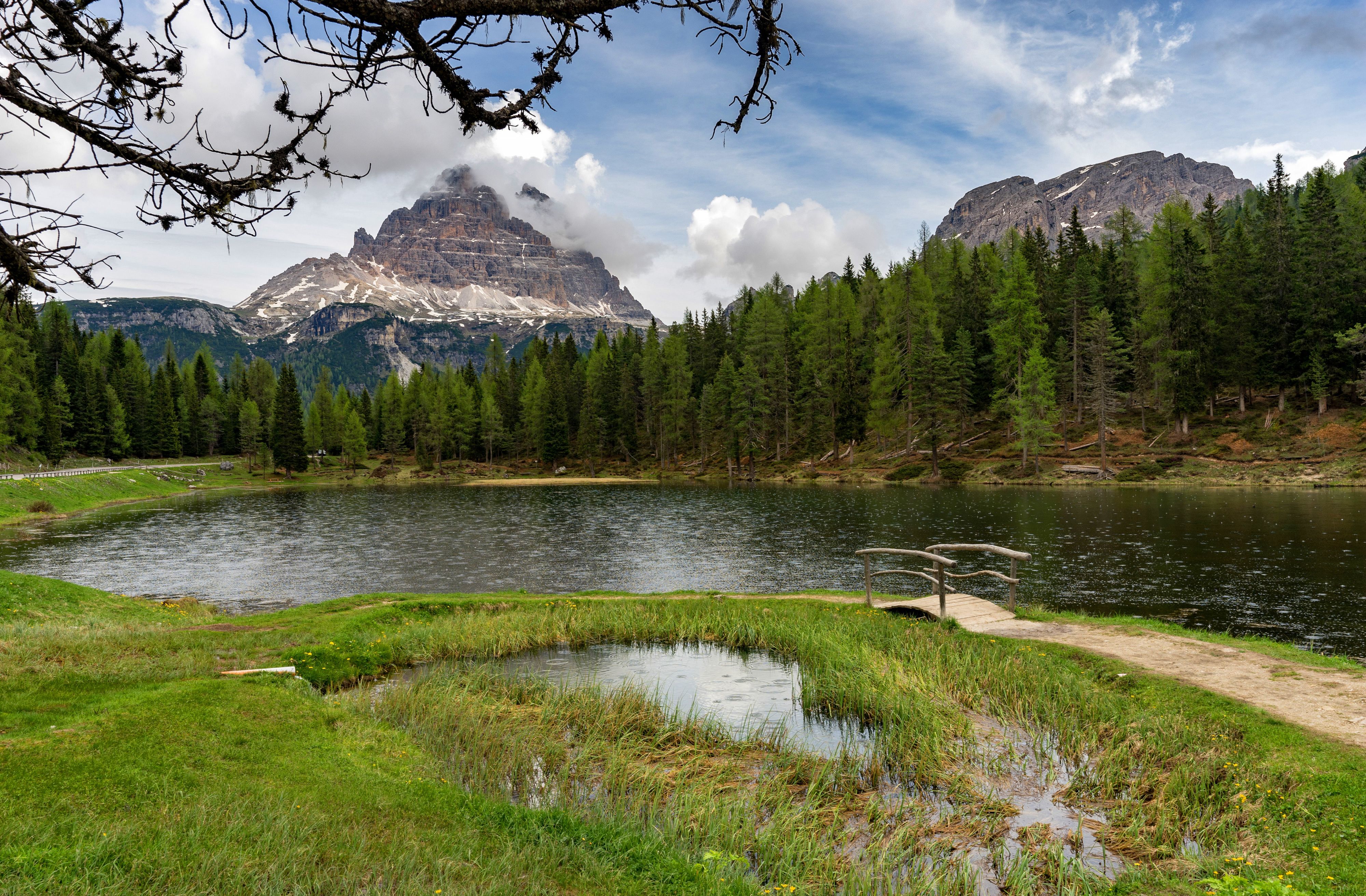  Lake Antorno Hintergrundbild 4000x2625. Download Spruce Bridge Mountain Forest Nature Lake 4k Ultra HD Wallpaper