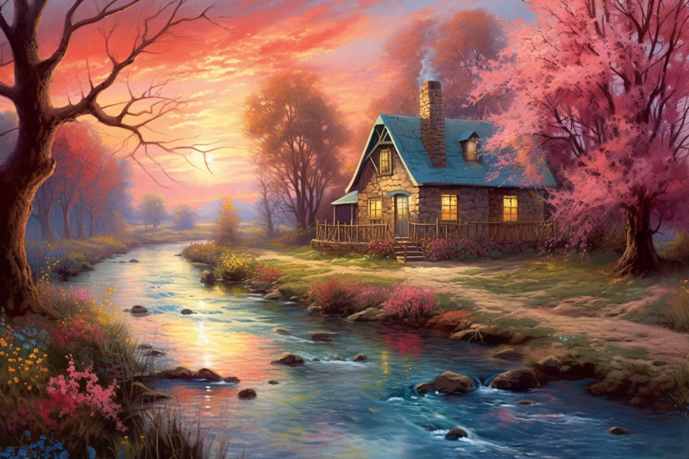  Herbst Kleines Haus Hintergrundbild 2400x1600. Amazon.de: FICLUX Leinwand Bilder Poster, Häuser am Bach bild auf leinwand HD Leinwanddruck Bild Zuhause Dekor Wohnzimmer Schlafzimmer Dekorationen(12x18in) Ungerahmt