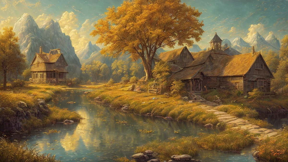  Herbst Kleines Haus Hintergrundbild 1200x675. Malen Kleiner Bach Der Durch Das Land Fließt Das Von Einem Haus Erzeugt Wird, Wasser, Strom, Grün Hintergrund, Foto und Bild zum kostenlosen Download