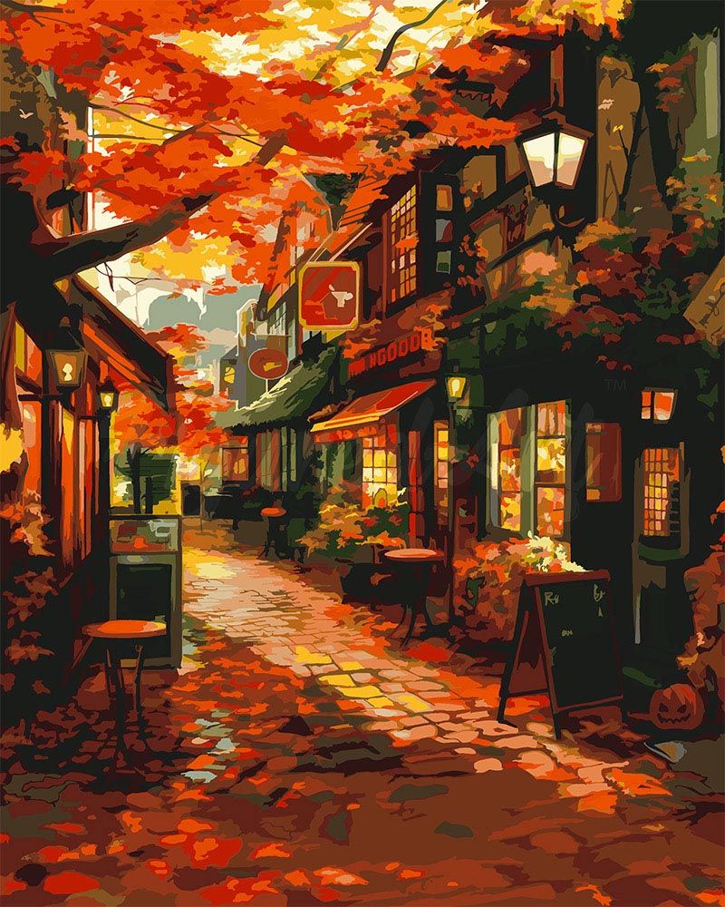  Herbst Kleines Haus Hintergrundbild 800x1000. Malen Nach Zahlen Café Straße