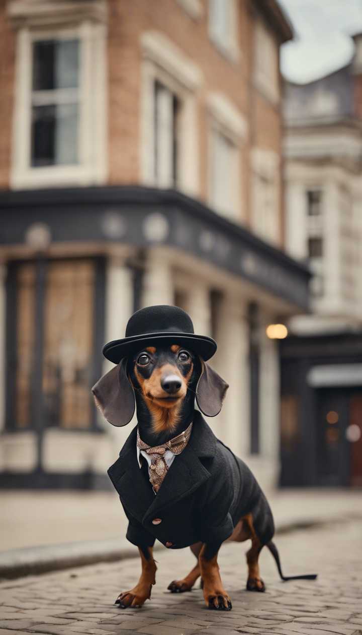  Dackel Hintergrundbild 720x1260. Ein älterer Dackel in adretter Kleidung und einem altmodischen Hut aus den 1920er Jahren steht in einer historischen Stadt. Hintergrundbild [85e3068b43564088ae4d] von Wallpaper HD