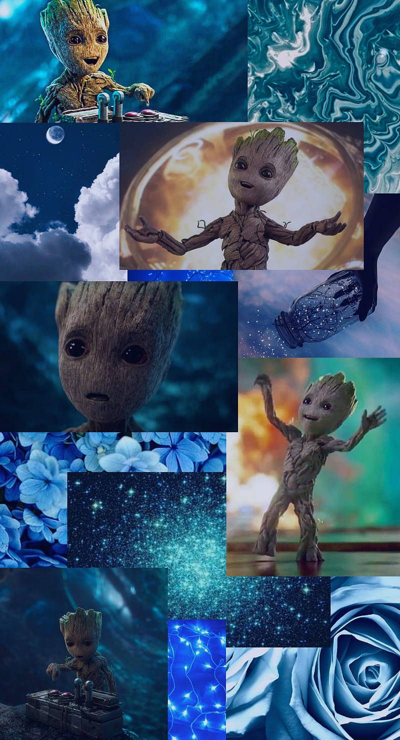  Groot Hintergrundbild 800x1481. Download Baby Groot Blue Collage Wallpaper